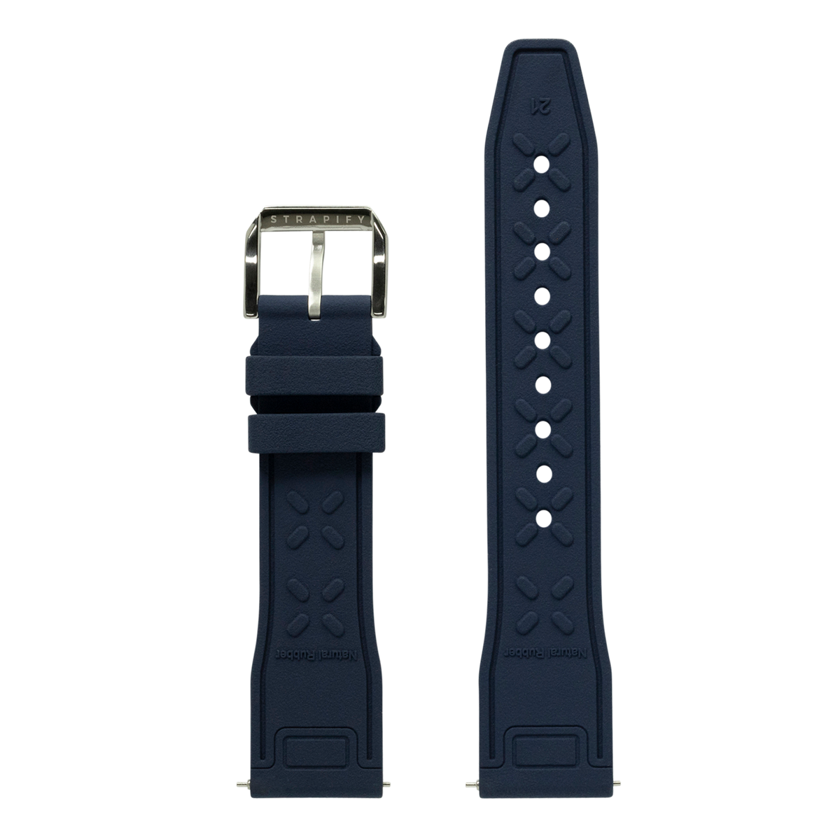 Navy blue FKM rubber watch band with stainless steel buckle and quilted pattern detail for Galaxy Watch 8 and Ultra