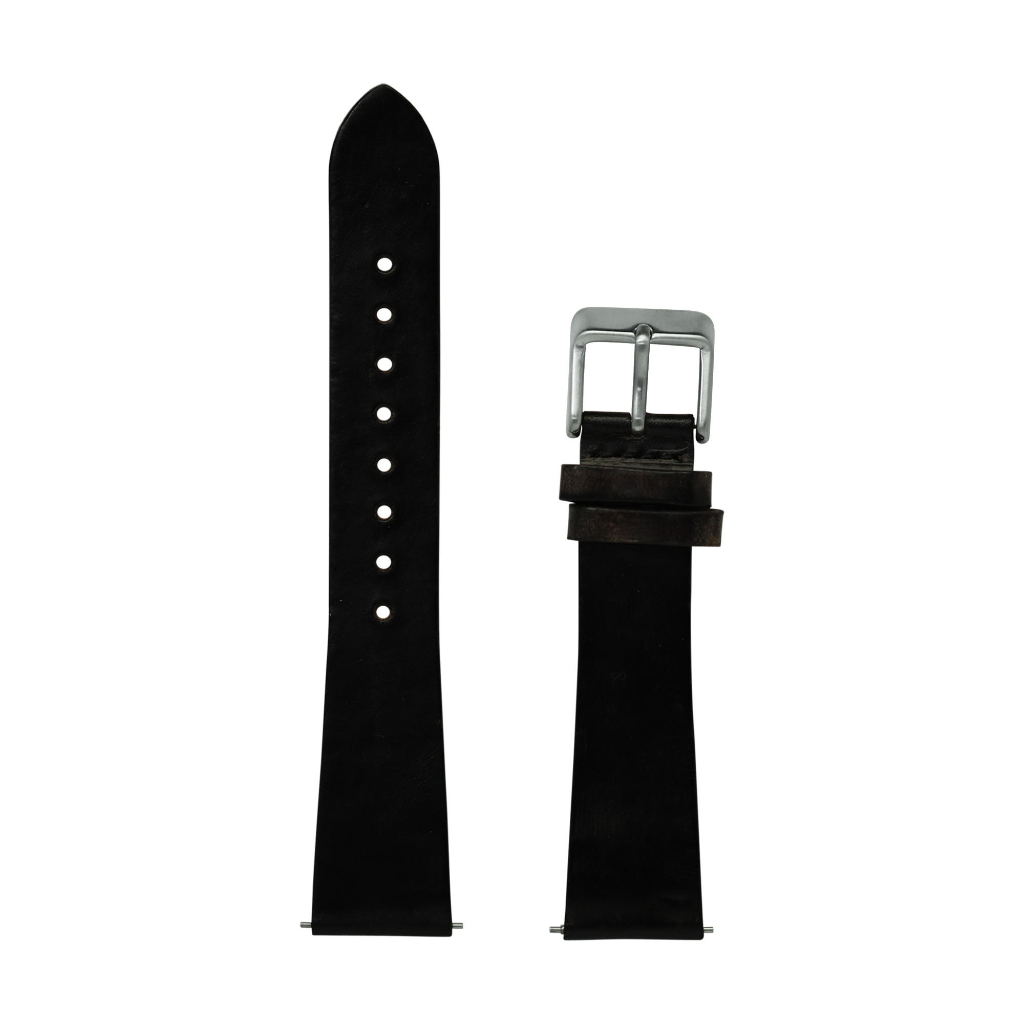 Black leather Apple Watch band with silver buckle, shown assembled and disassembled with spring bars