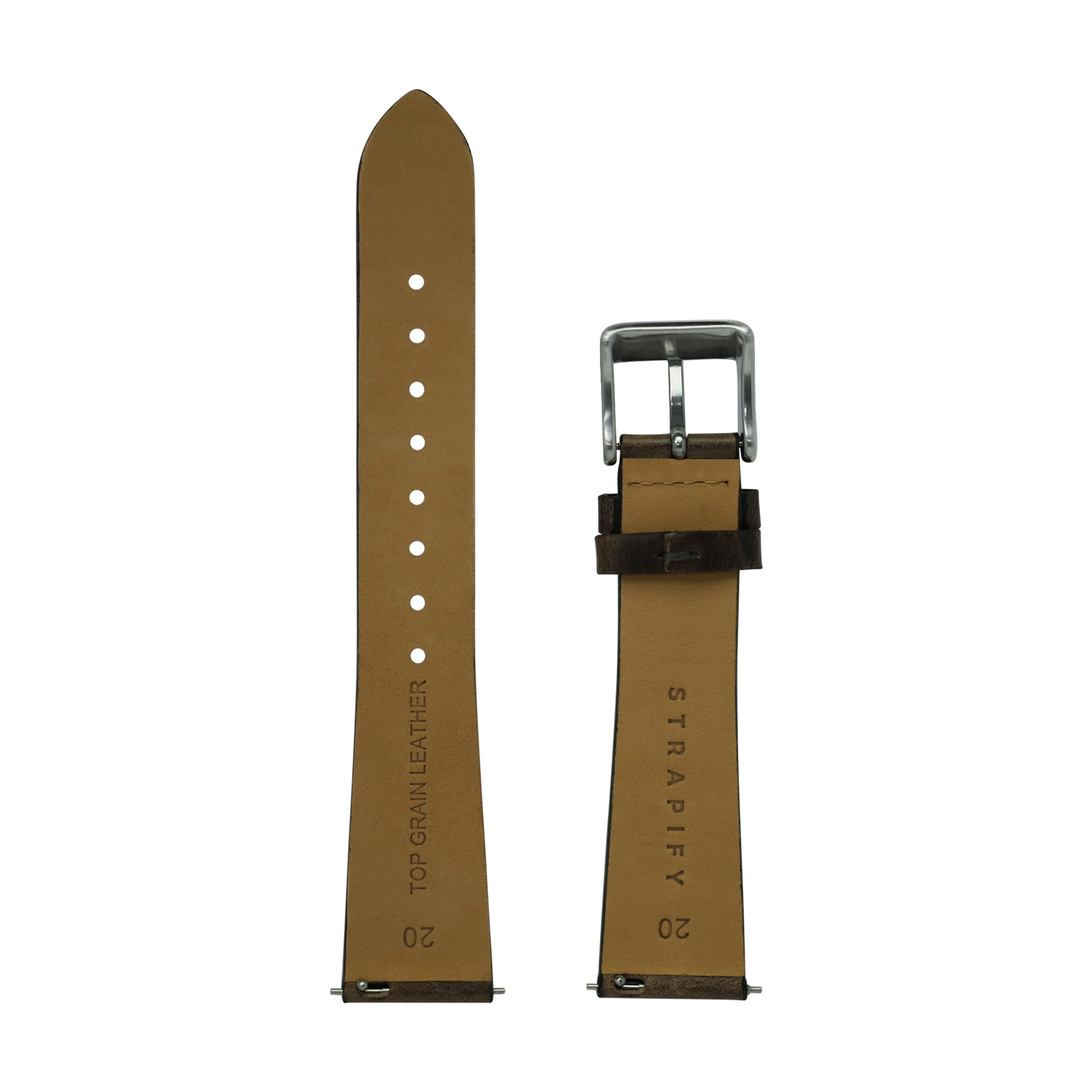 Tan leather quick release watch strap with white stitch holes, silver buckle, and black leather overlay detail