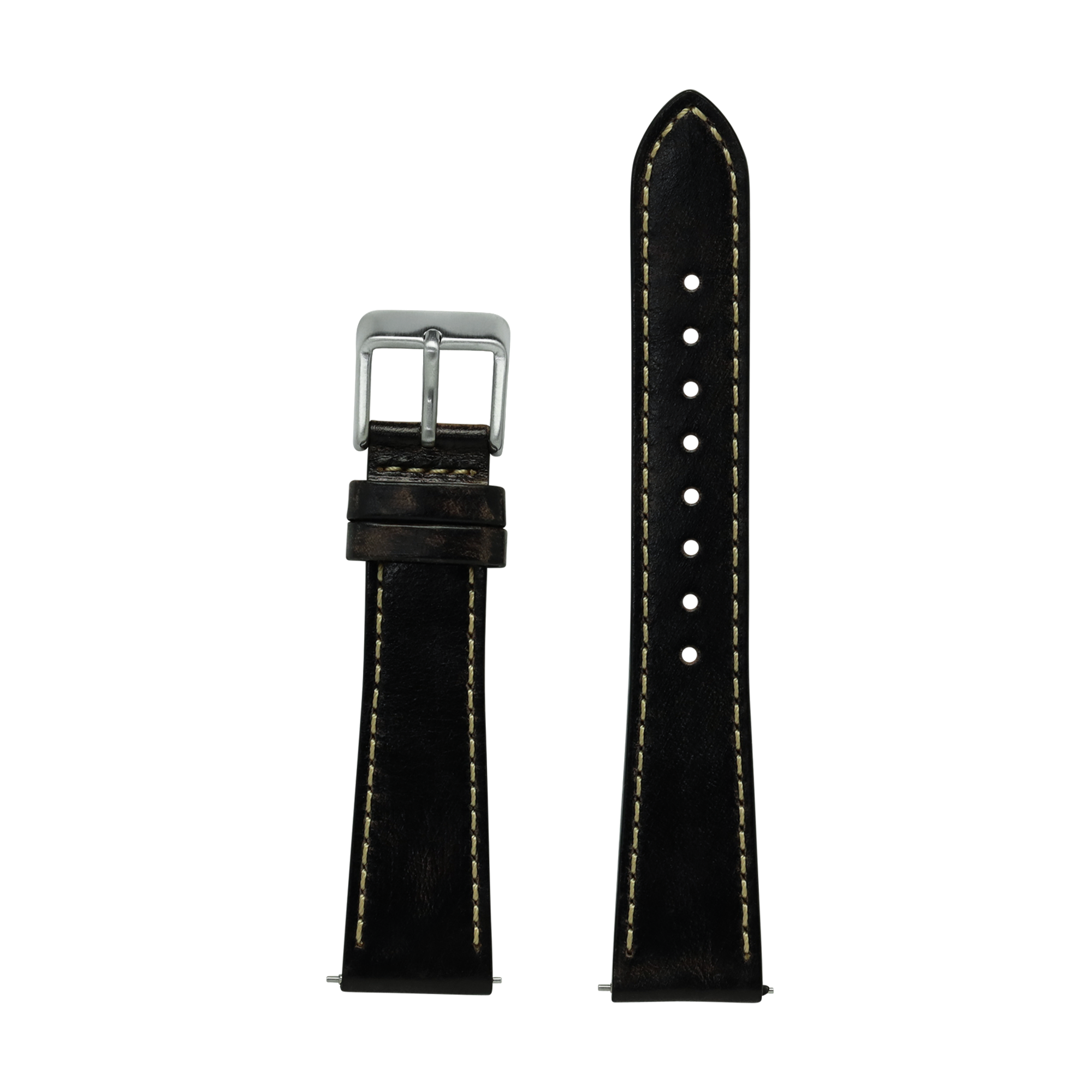 Black leather watch band 26mm with contrast stitching, quickfit compatible, featuring silver buckle and vintage smoked finish