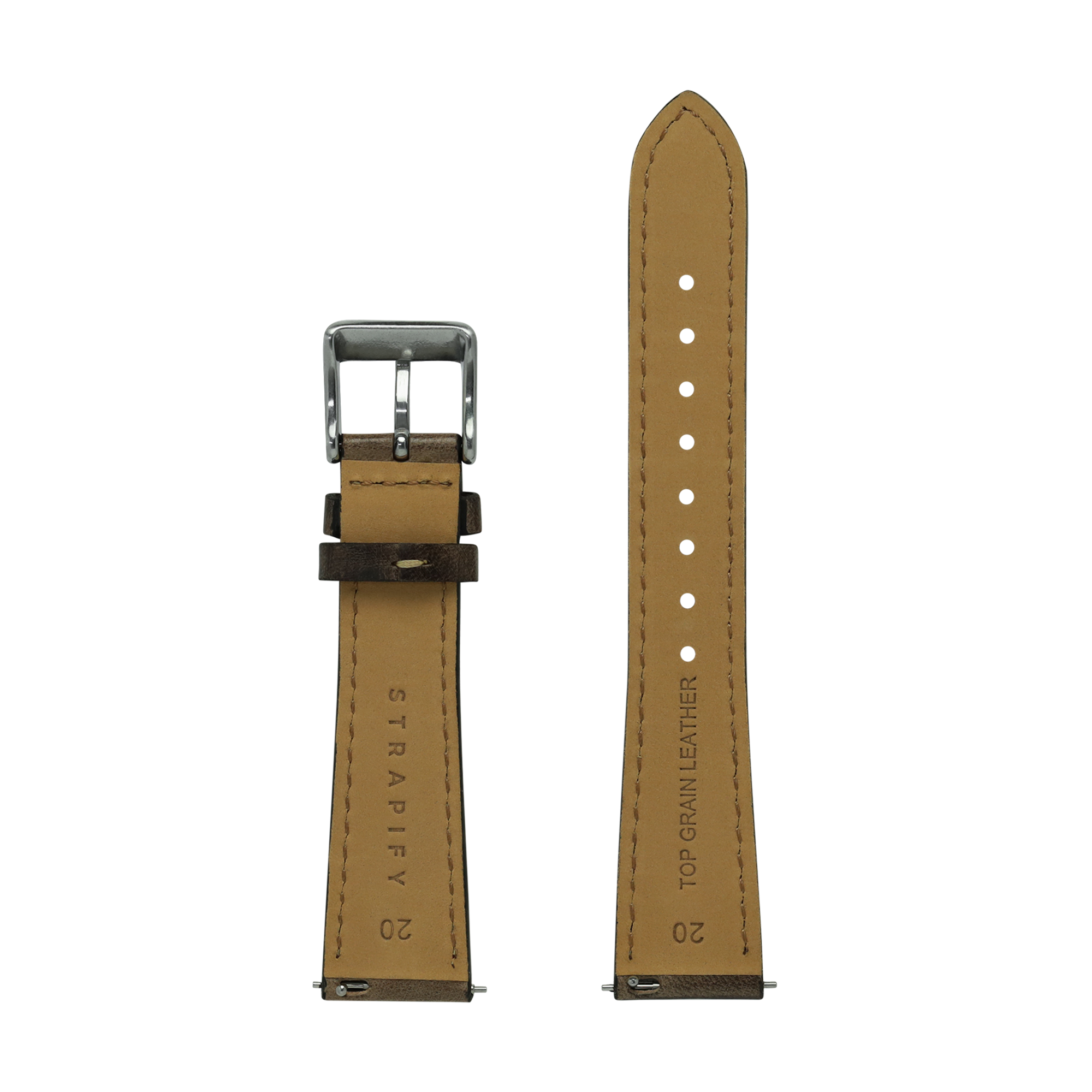 Tan leather Apple Watch band with contrast stitching, stainless steel buckle, and dark brown layer detail, shown front and back