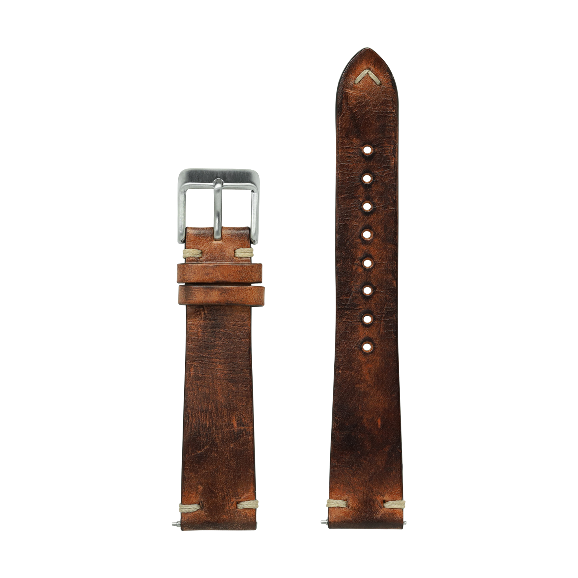 Vintage smoked brown leather watch strap with metal buckle, rivet details, and cream stitching for Fitbit Versa and Sense smartwatches