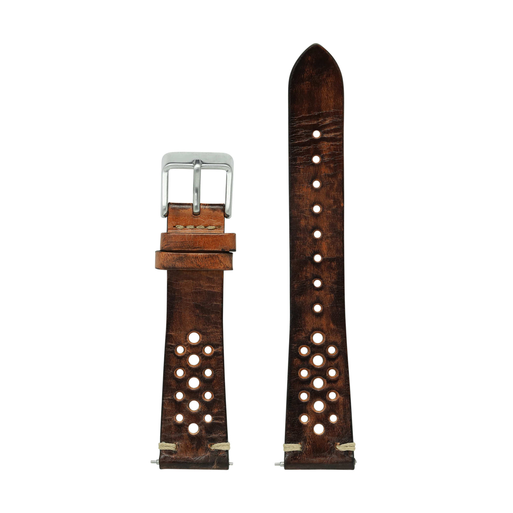 Vintage Rally leather watch strap 20mm smoked brown with perforations, silver buckle, and quick-fit pins