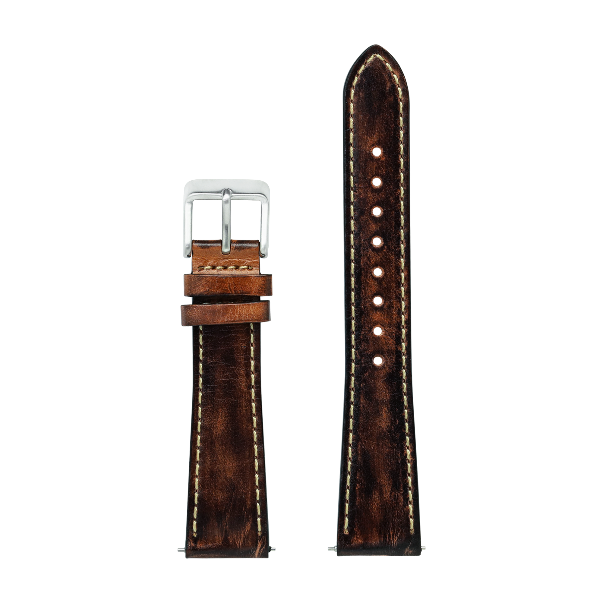 Vintage brown leather watch strap 26mm with contrast cream stitching and silver buckle, quick-fit design