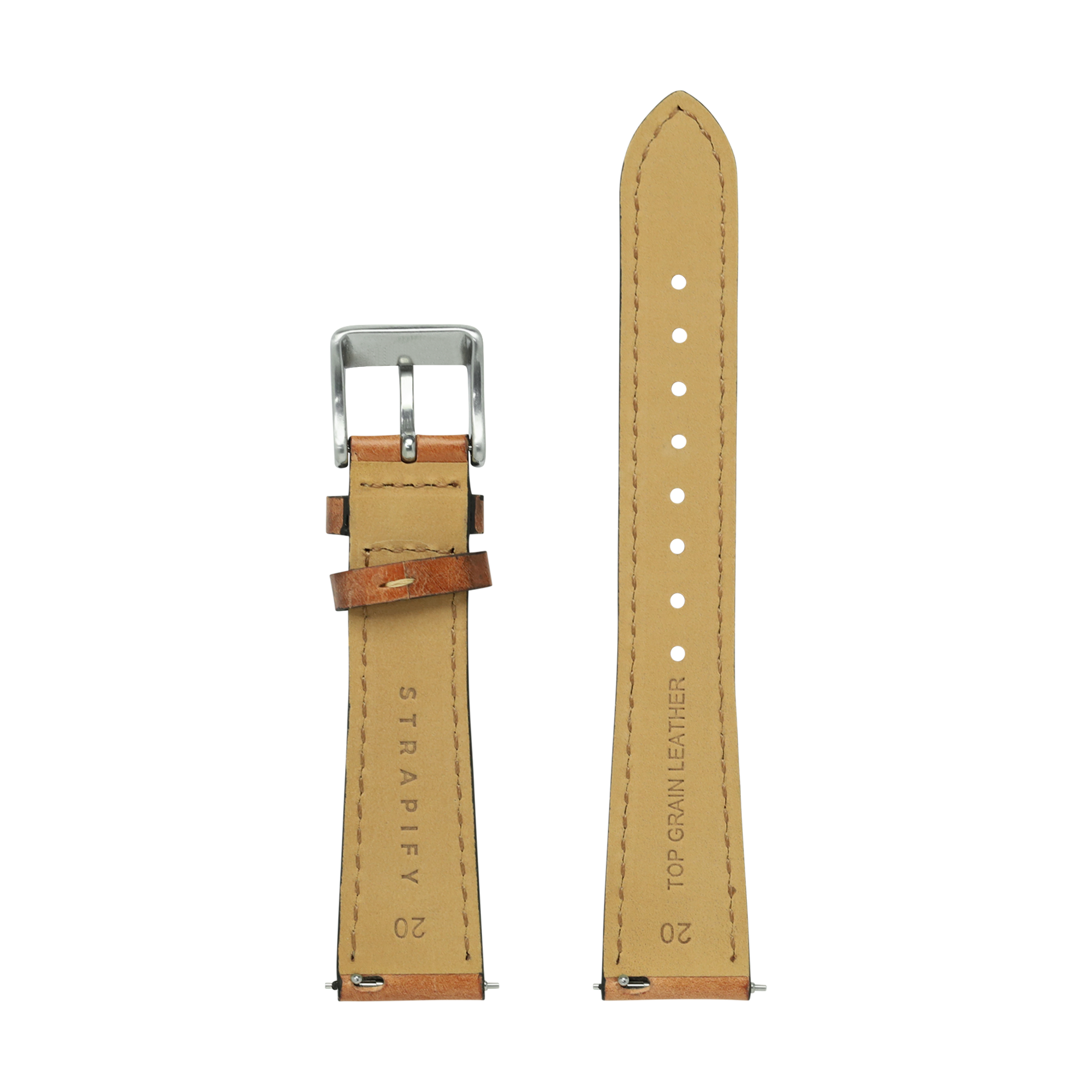 Tan leather quick release watch strap with brown accent band, contrast stitching, and polished steel buckle, 20mm width
