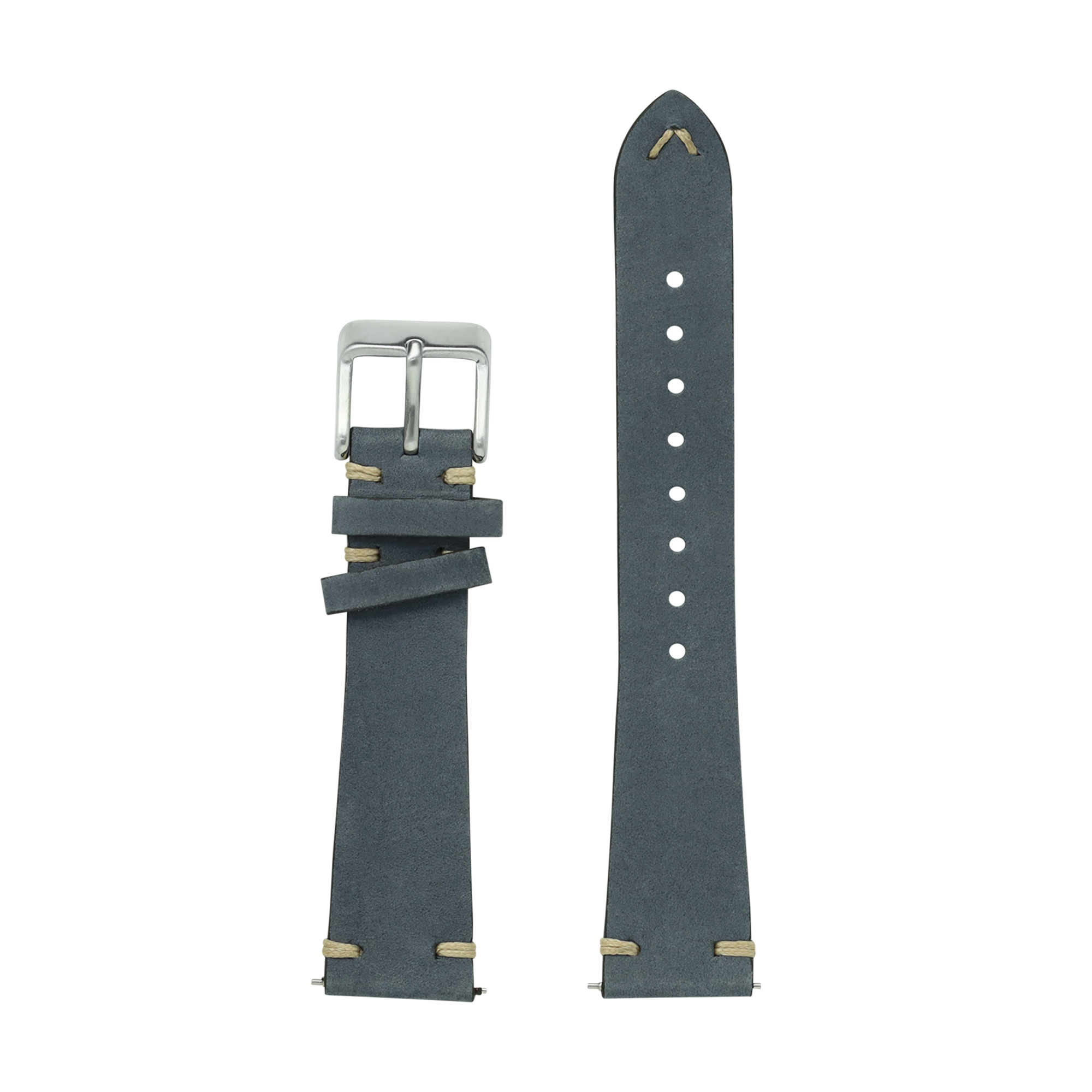 Slate grey nubuck leather quick release watch strap with vintage knotted design and silver buckle