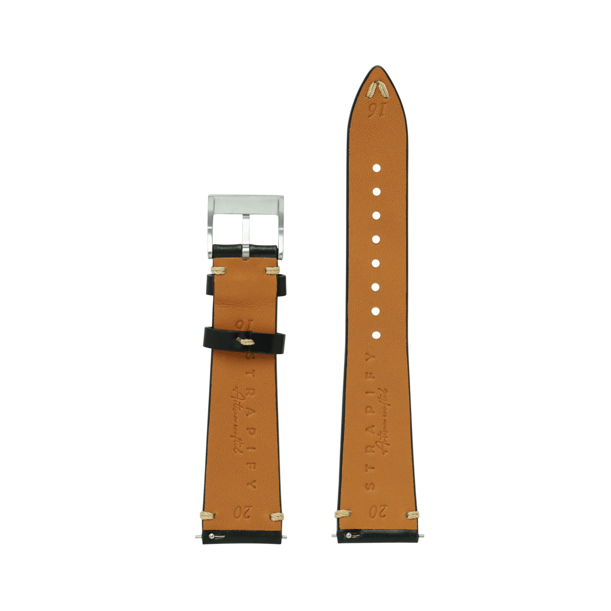 Horween Shell Cordovan quick release watch strap in vintage tan leather with black accents and metal buckle