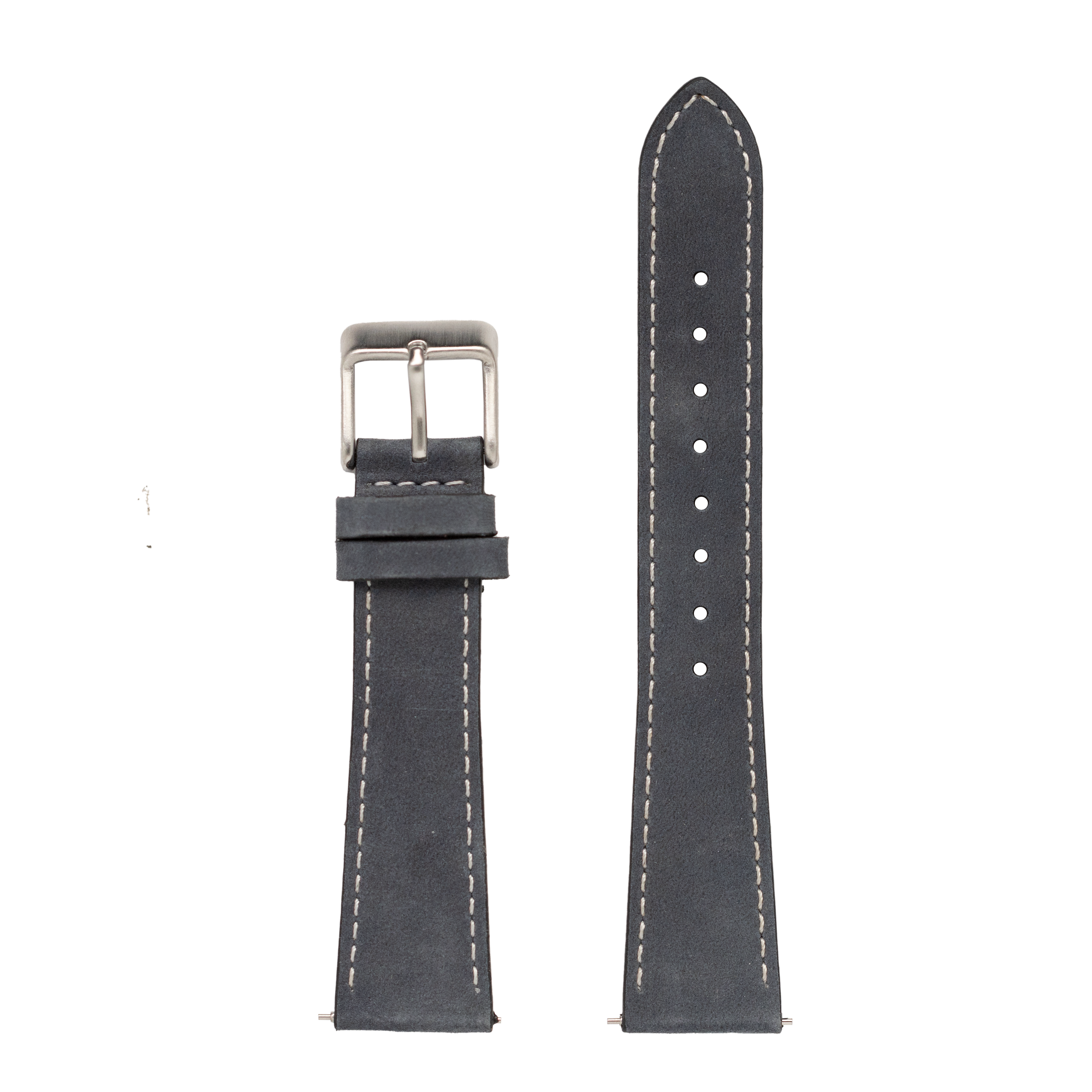 Black nubuck leather watch band with white stitching and silver buckle, featuring curved lug design and adjustment holes