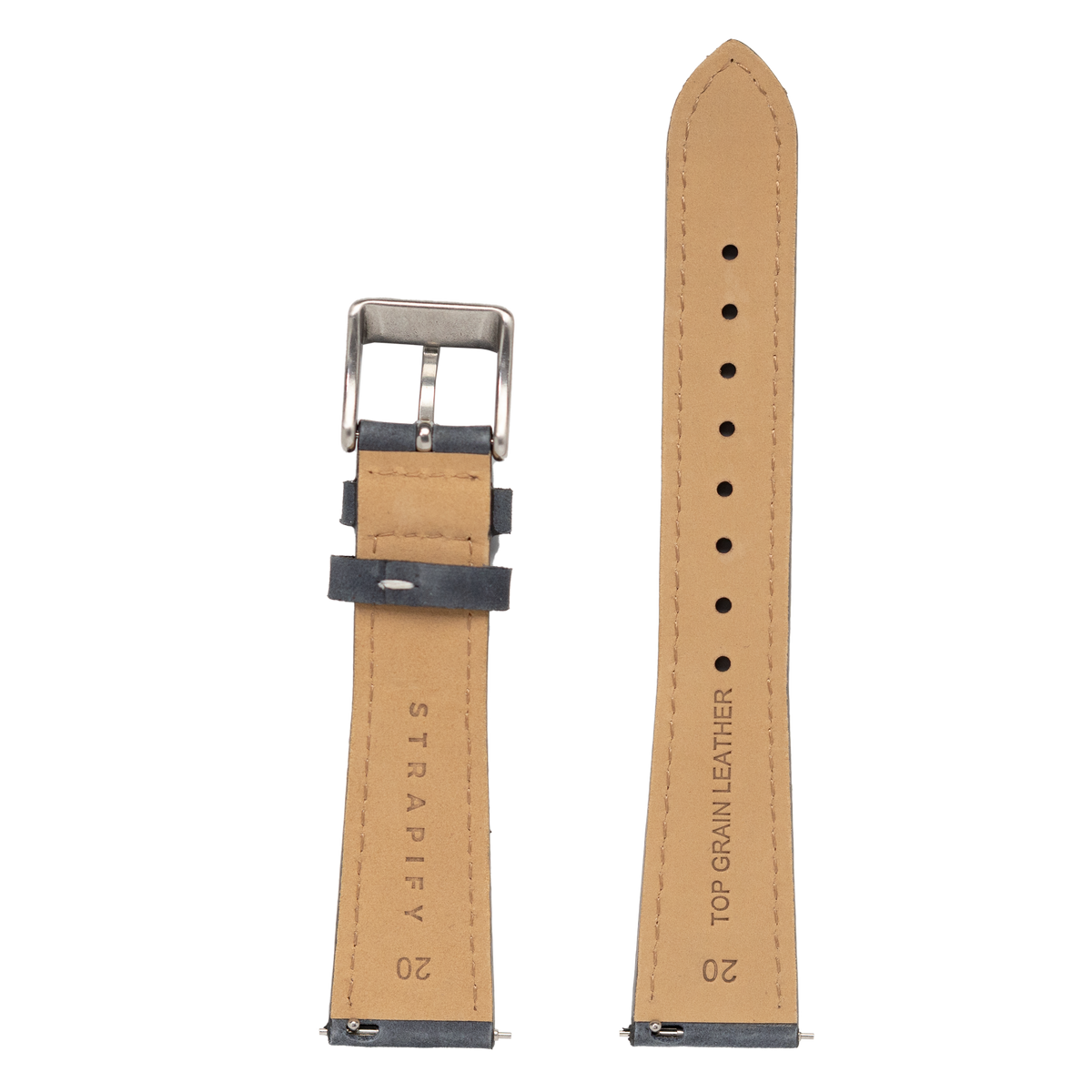Tan nubuck leather watch band with slate grey accents and silver buckle, showing front and back views with adjustment holes