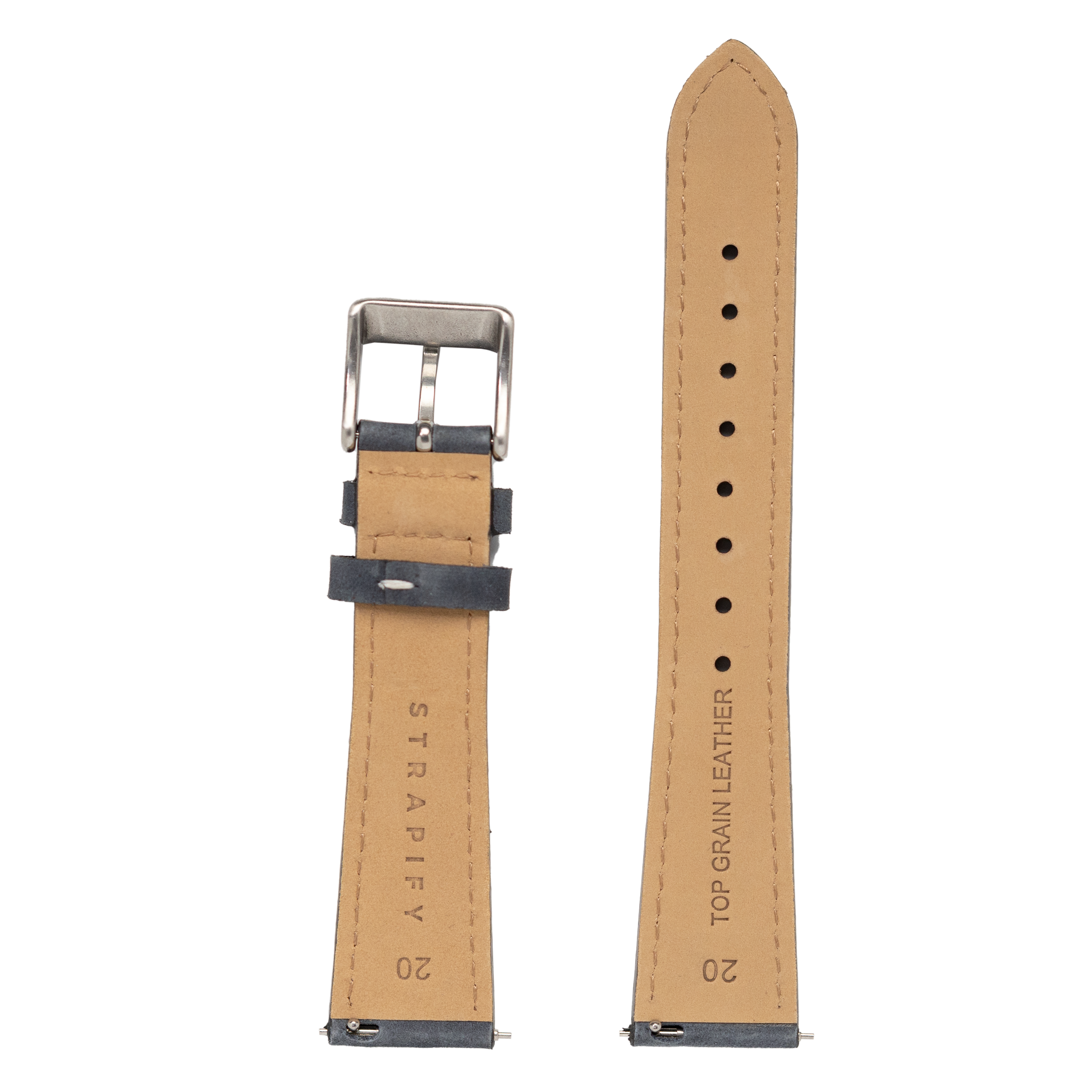 Tan nubuck leather quick release watch strap with slate grey accents and white stitching, 20mm width, shown with buckle and adjustment holes