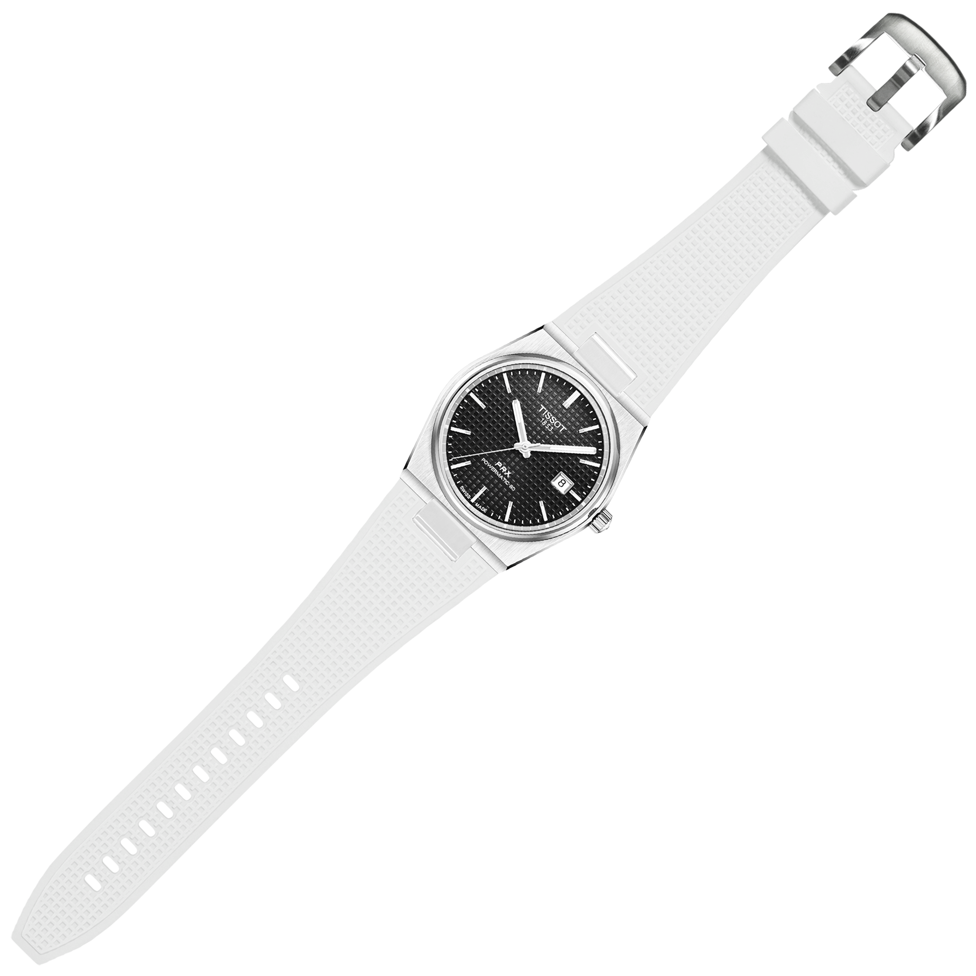 Tissot PRX 40mm stainless steel watch with black dial and white FKM rubber strap