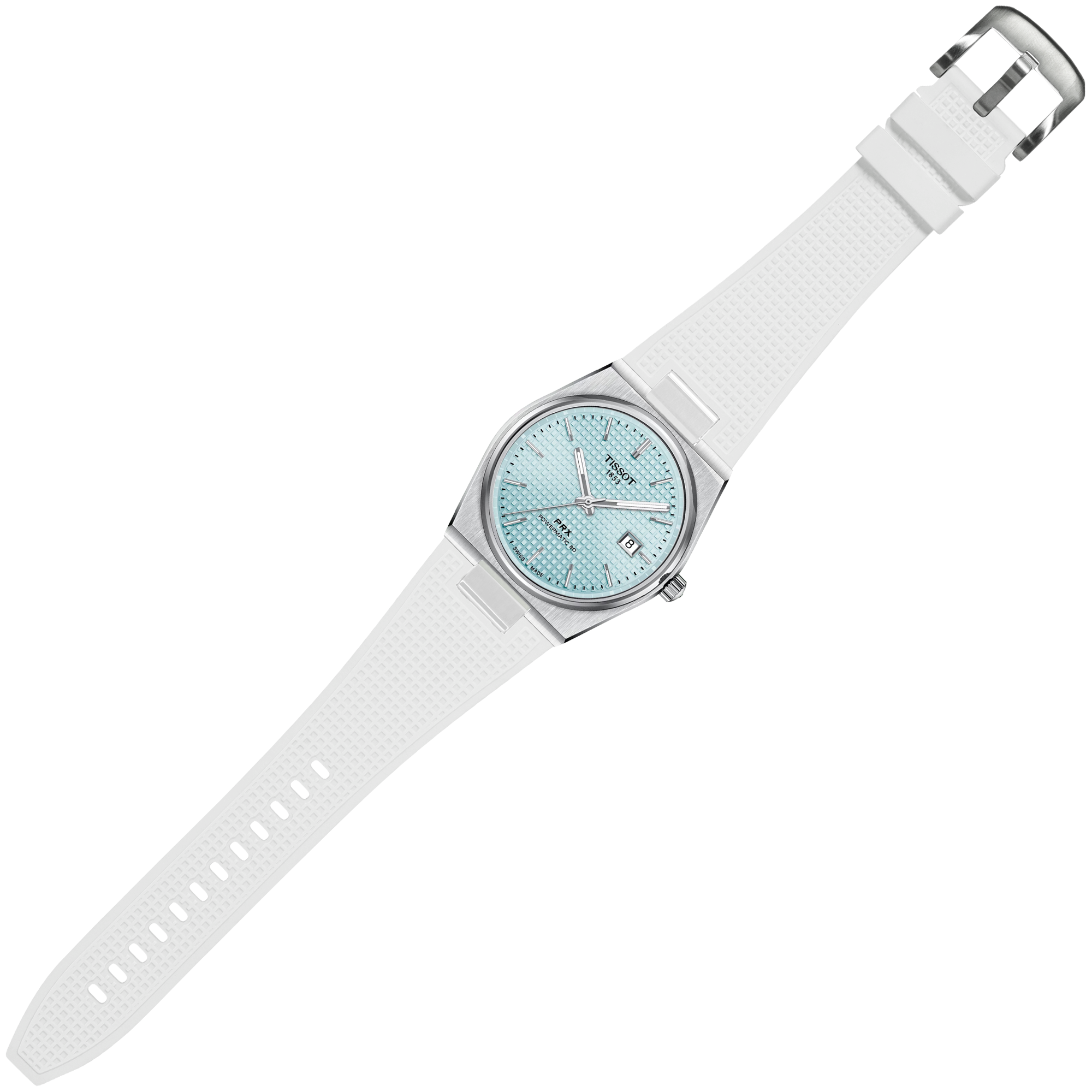 Tissot PRX 40mm stainless steel watch with light blue dial and white FKM rubber strap