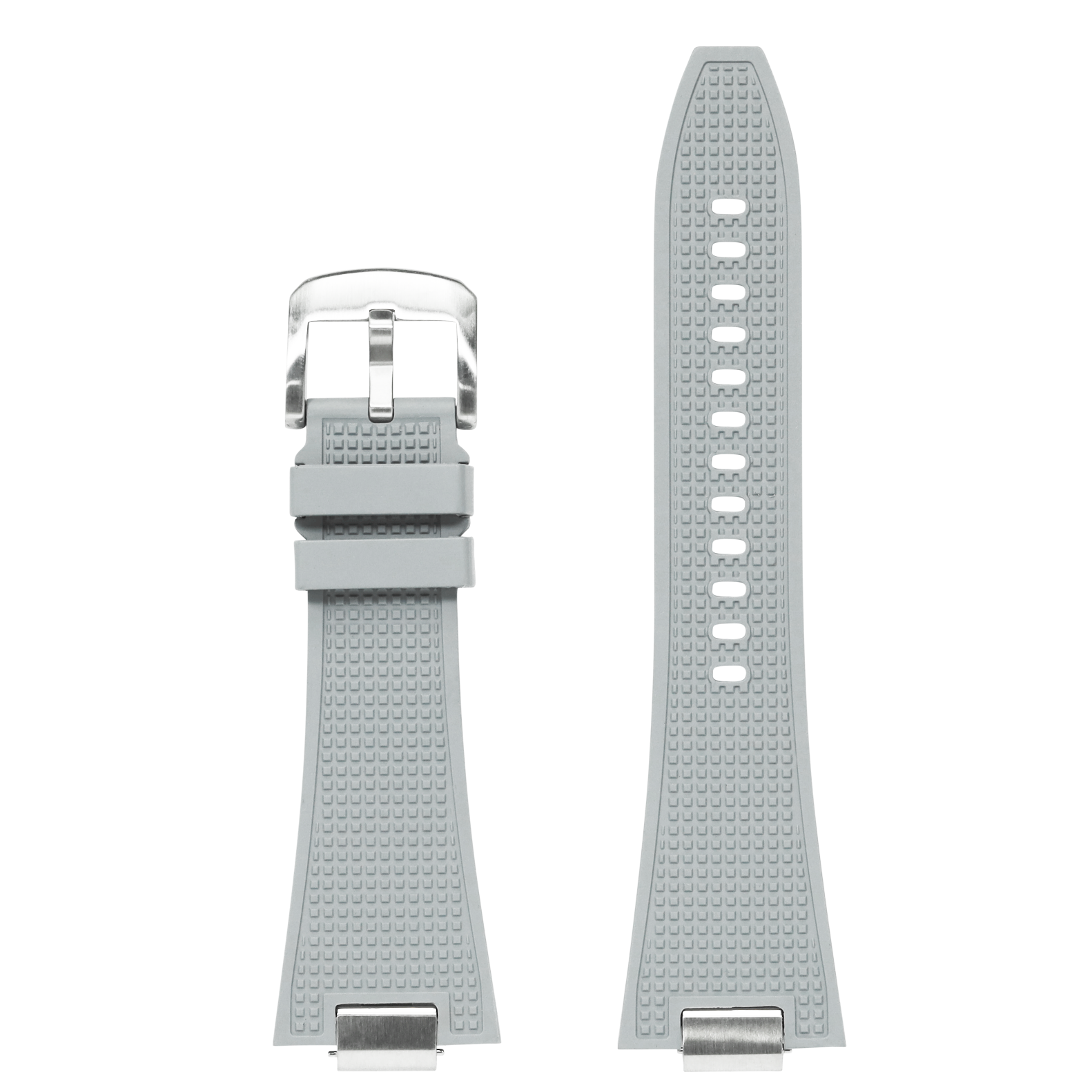 Grey rubber watch strap with textured pattern, steel buckle and end links for Tissot PRX 40 timepiece