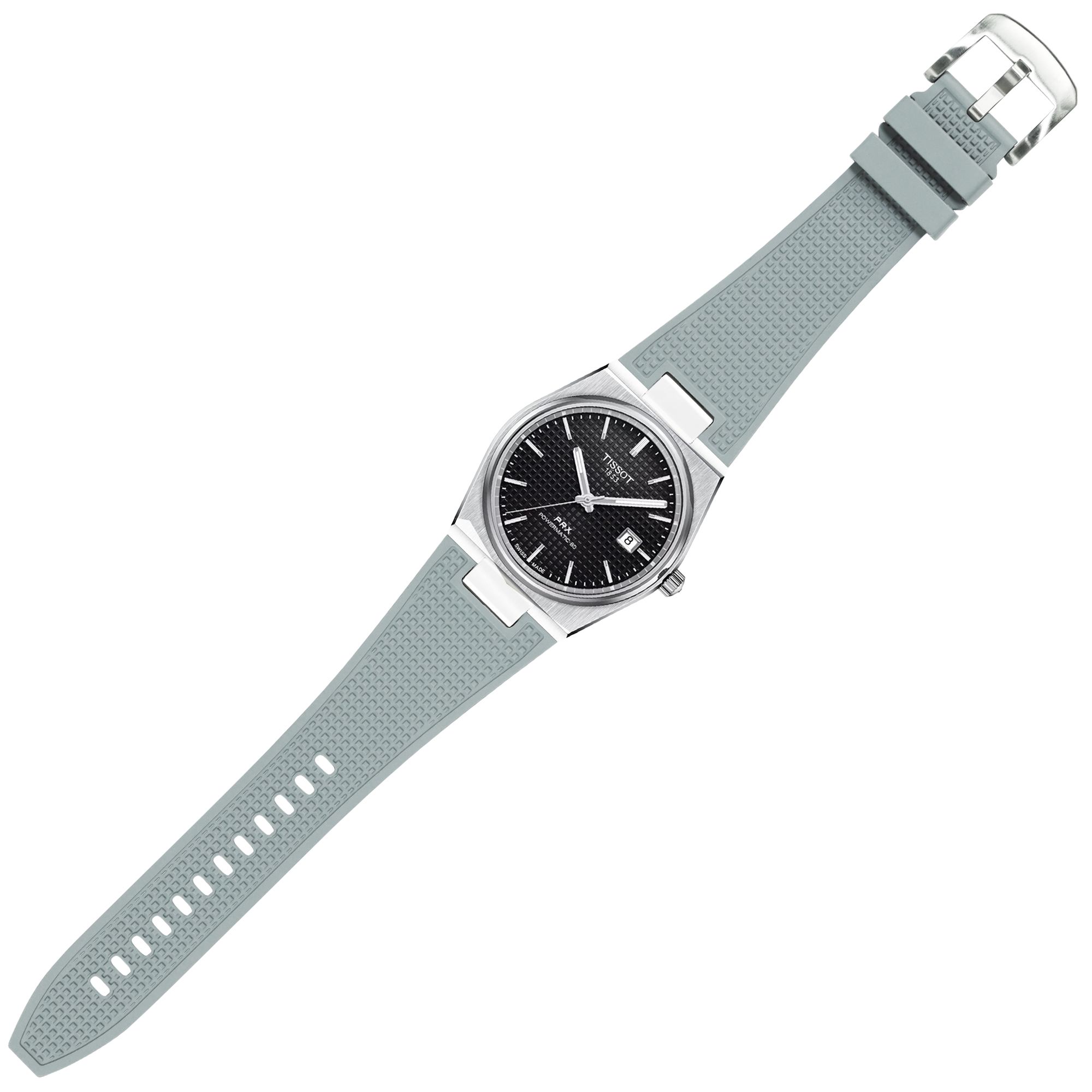 Tissot PRX 40 stainless steel watch with black dial and grey FKM rubber strap