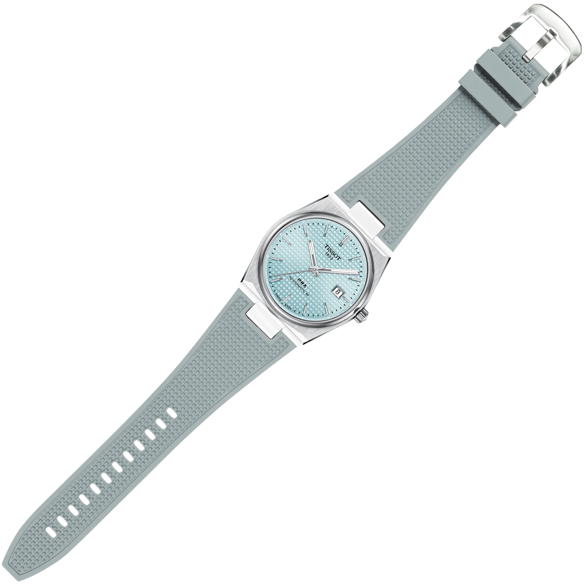 Tissot PRX 40mm stainless steel watch with light blue dial and grey FKM rubber strap