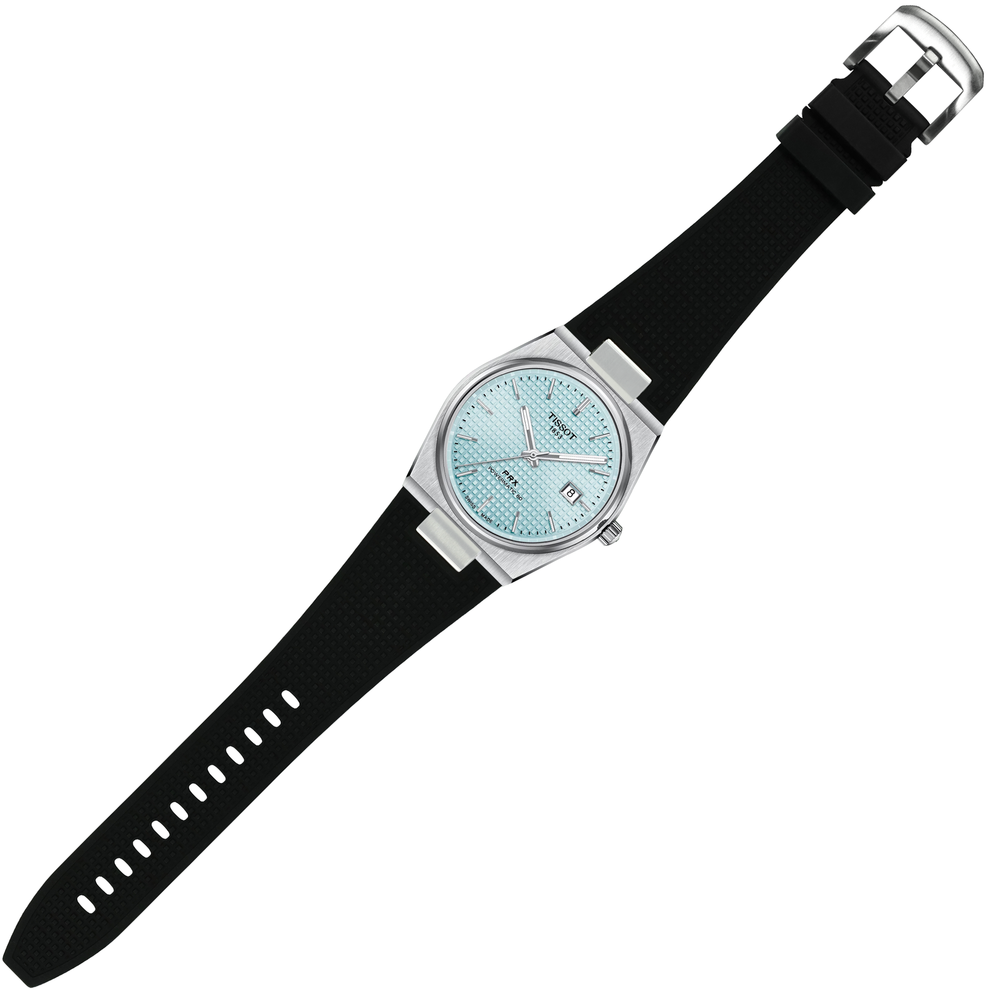 Tissot PRX 40mm stainless steel watch with light blue dial and black FKM rubber strap