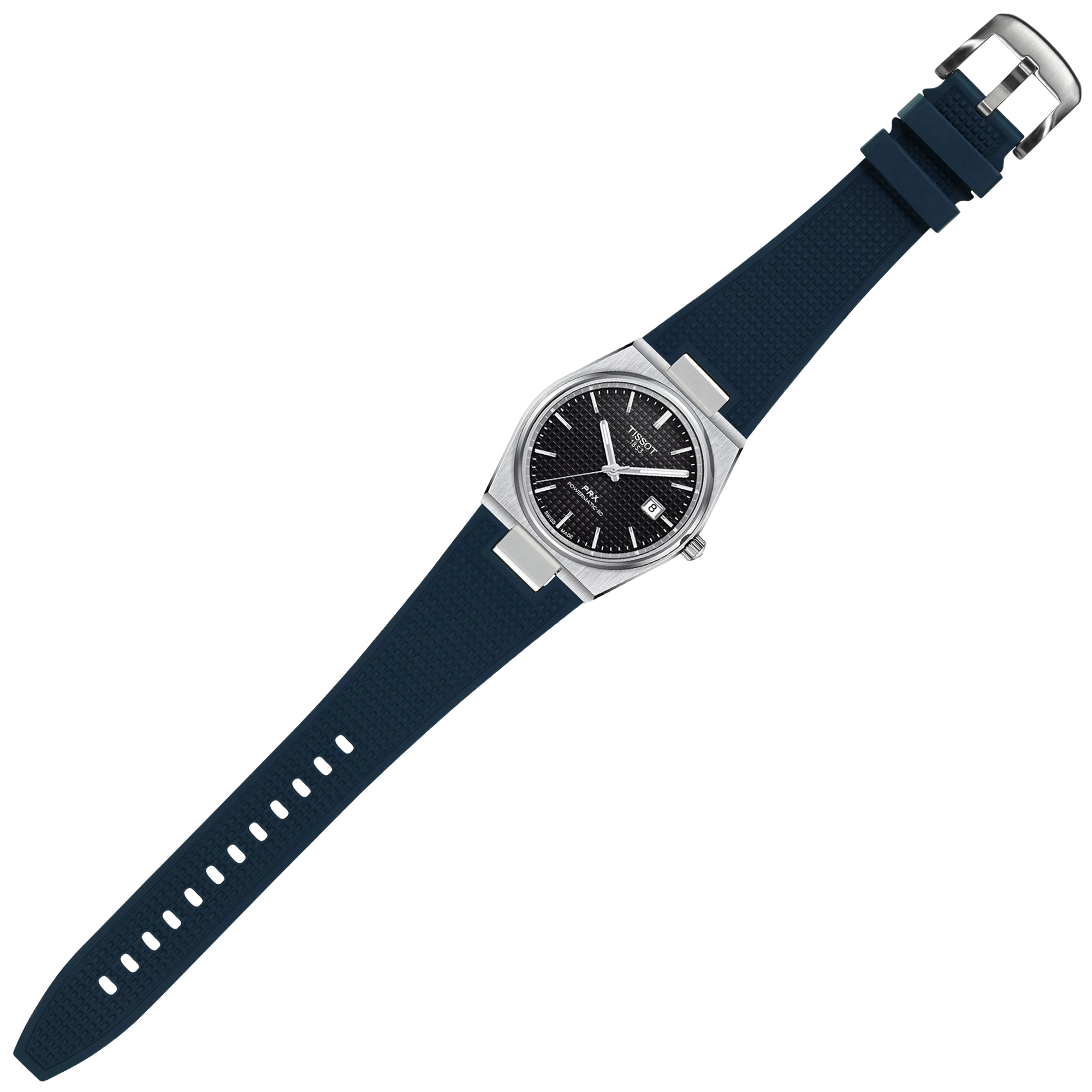 Men's Tissot PRX stainless steel watch with black dial and navy blue FKM rubber strap