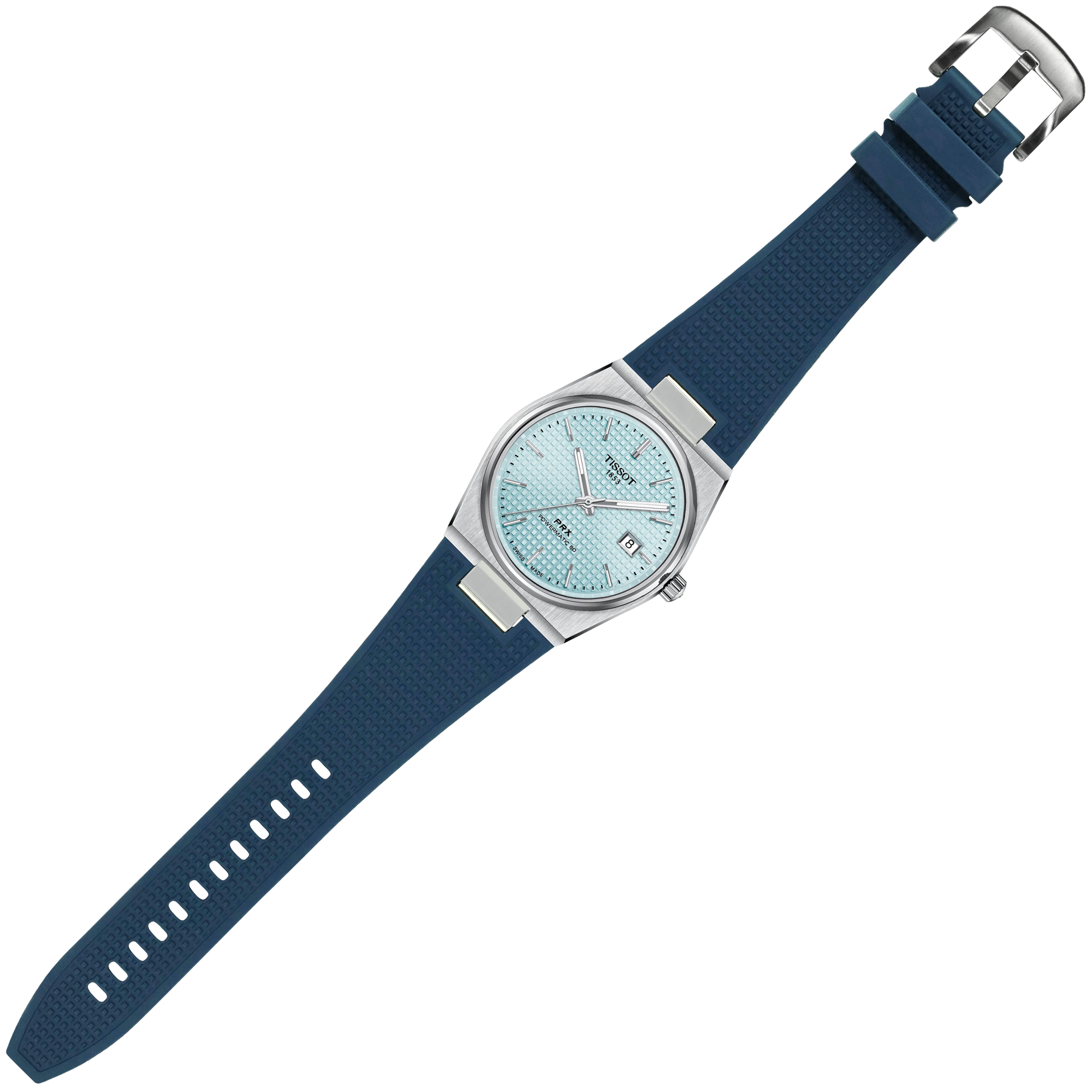 Tissot PRX 40mm stainless steel watch with light blue dial and navy blue FKM rubber strap