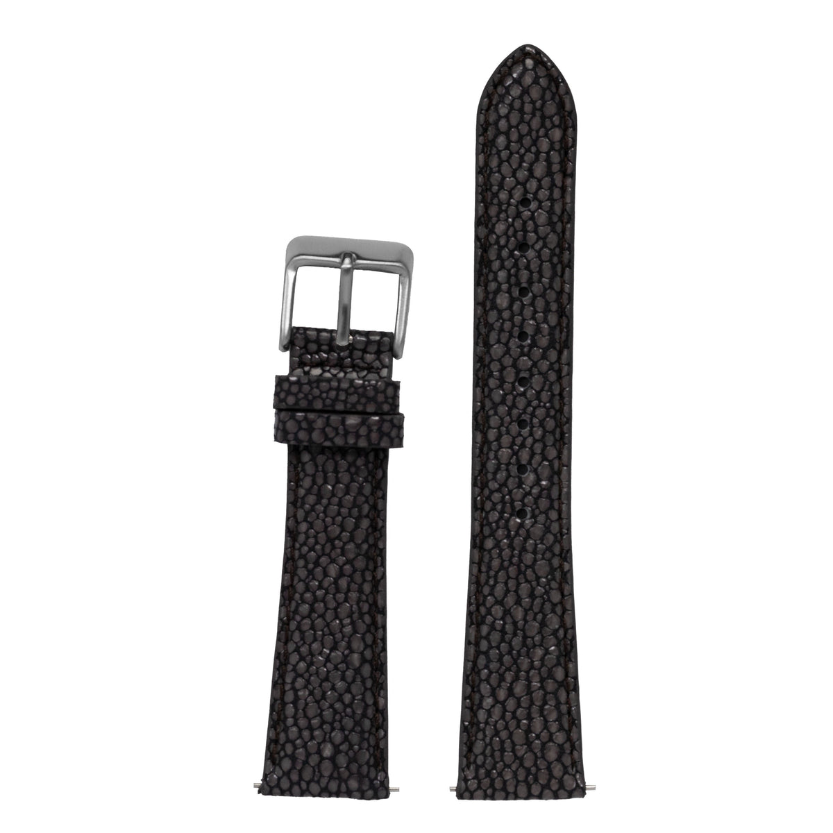Black faux stingray textured watch band with silver buckle and tapered design, shown laid flat with strap ends displayed