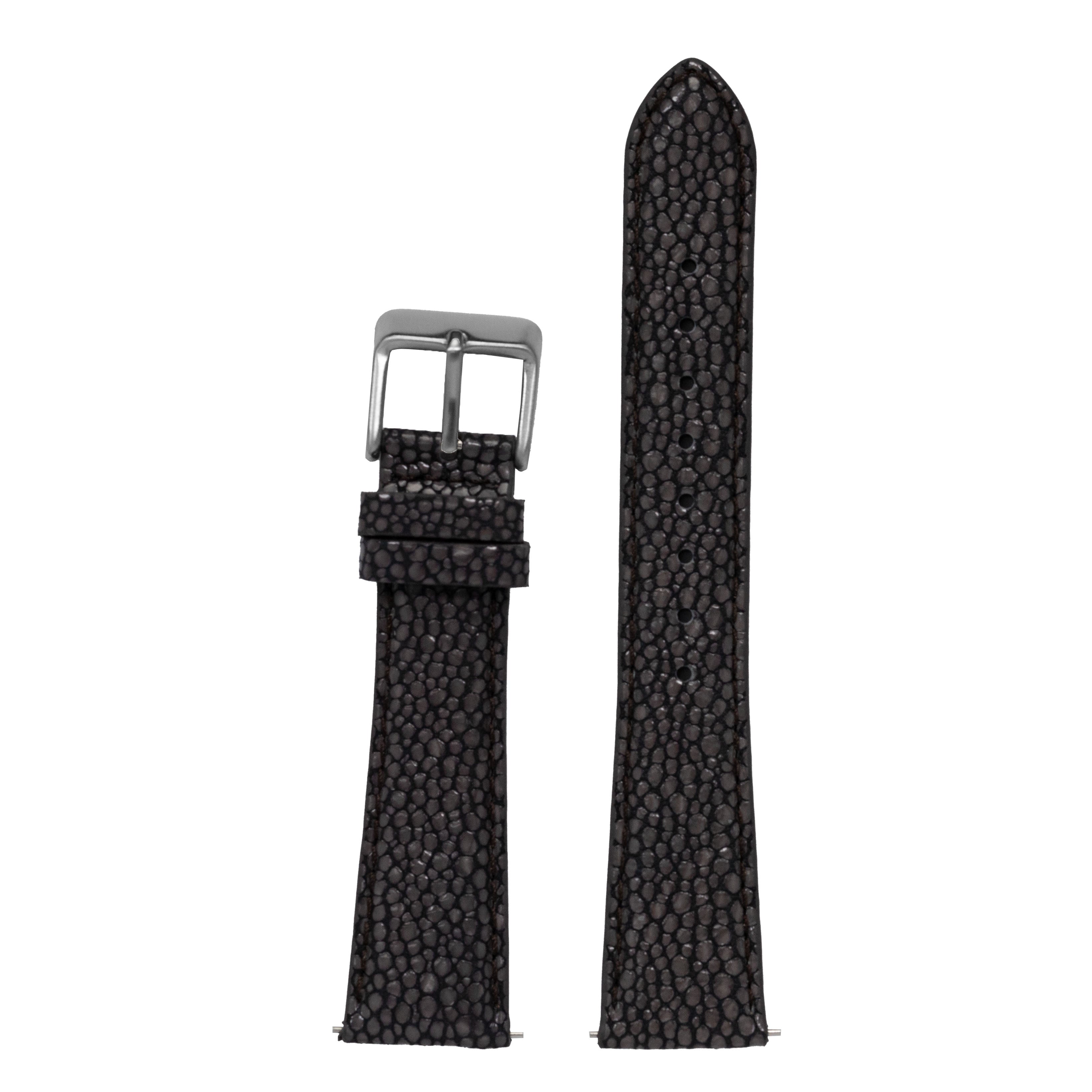 Black faux stingray leather watch strap with quick release pins and silver buckle, tapered design