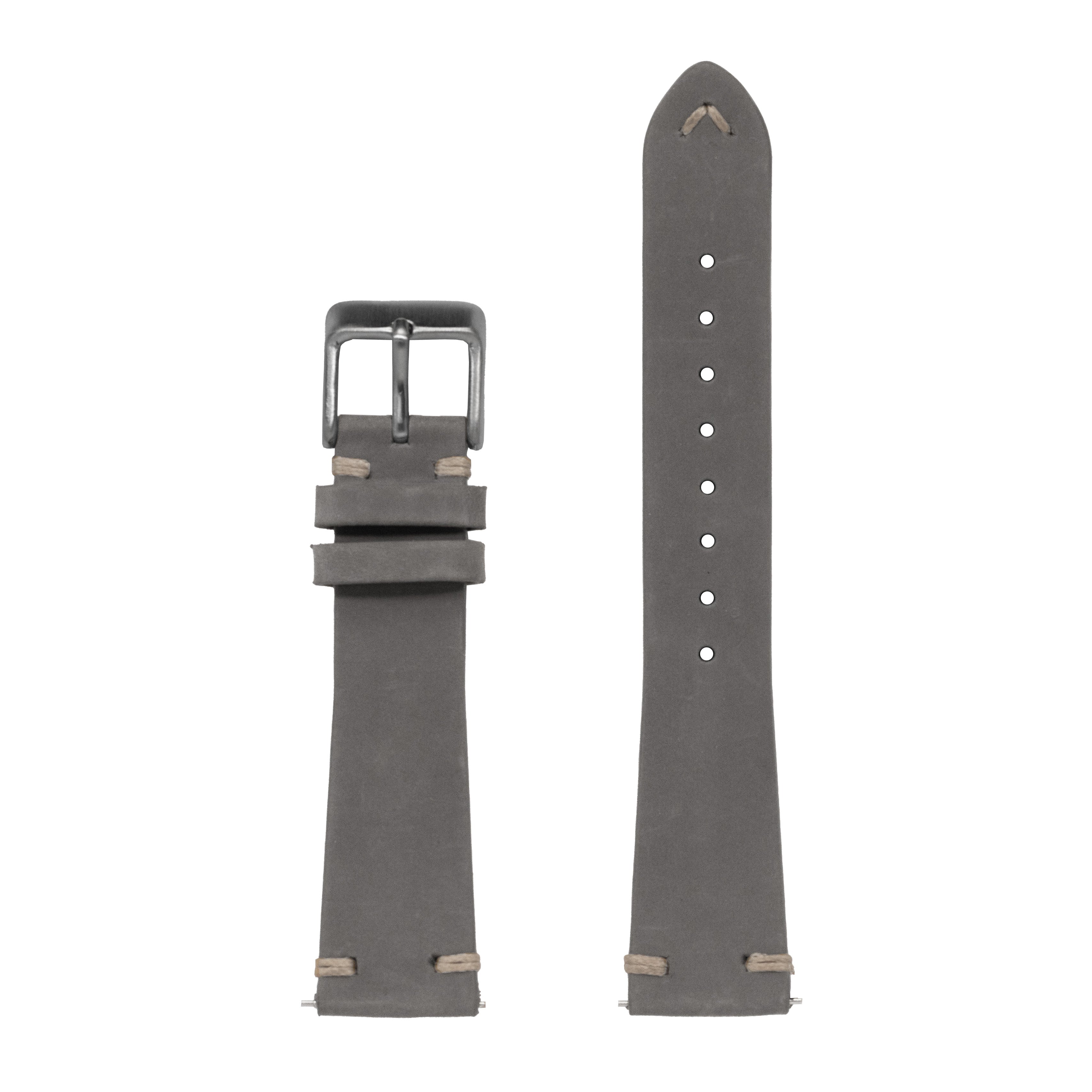 Grey nubuck leather quick release watch strap with vintage knotted design and gunmetal buckle