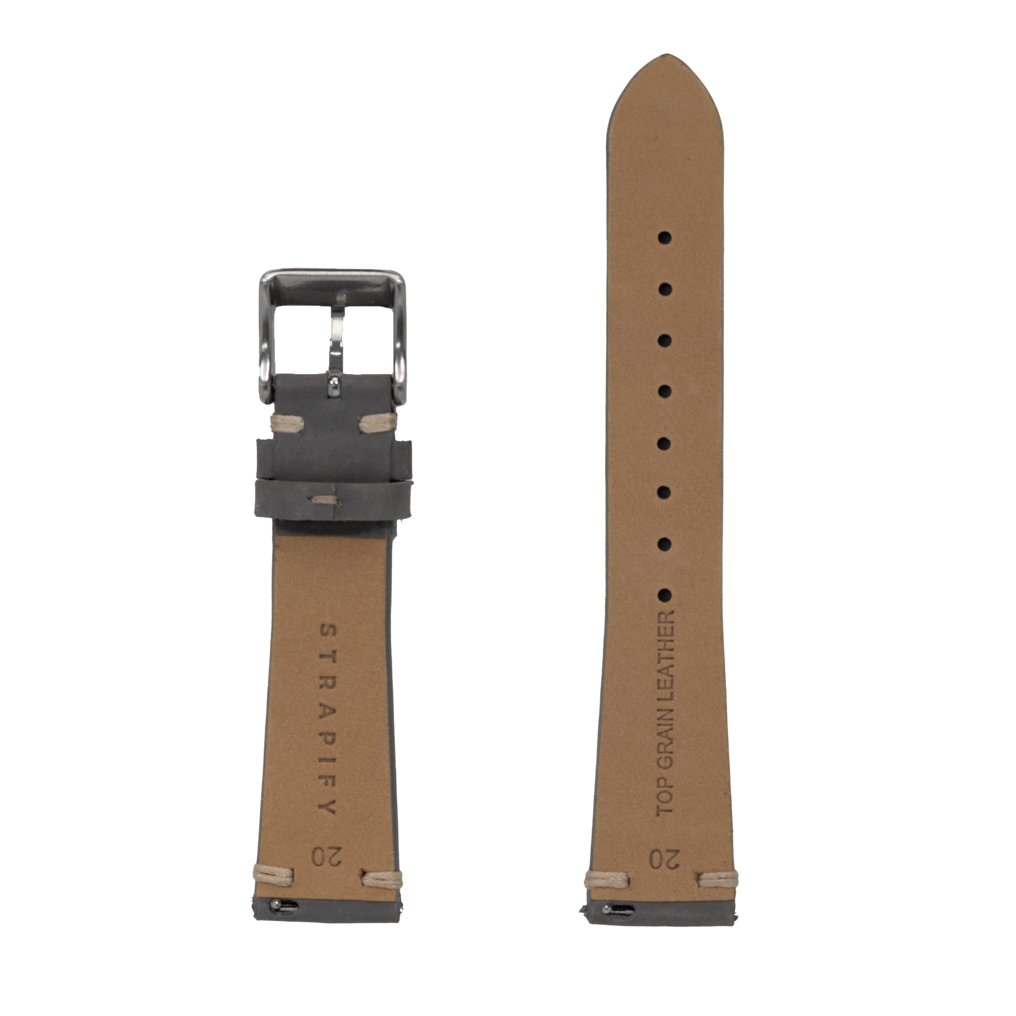 Tan nubuck leather quick release watch strap with grey buckle and vintage knotted design, 20mm width
