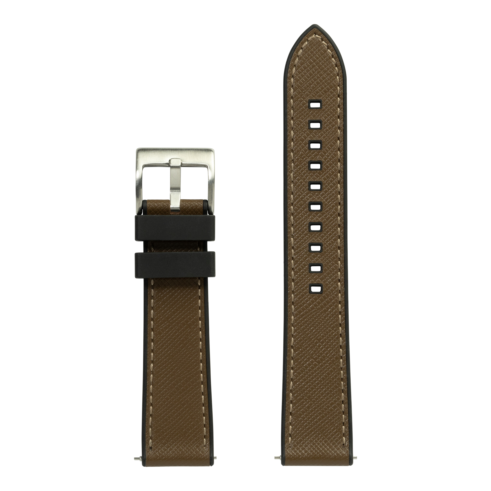 Olive Saffiano leather and black FKM rubber hybrid 26mm QuickFit watch band with silver buckle and white stitching