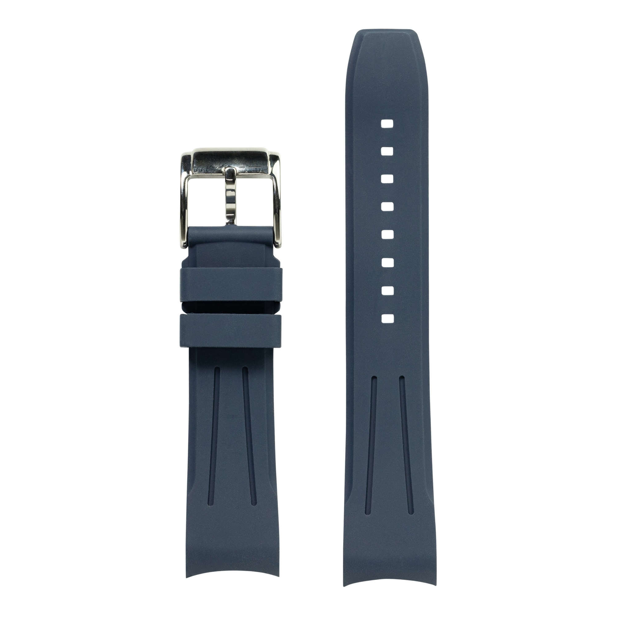 Navy blue curved FKM rubber watch strap with stainless steel buckle and white dot markers
