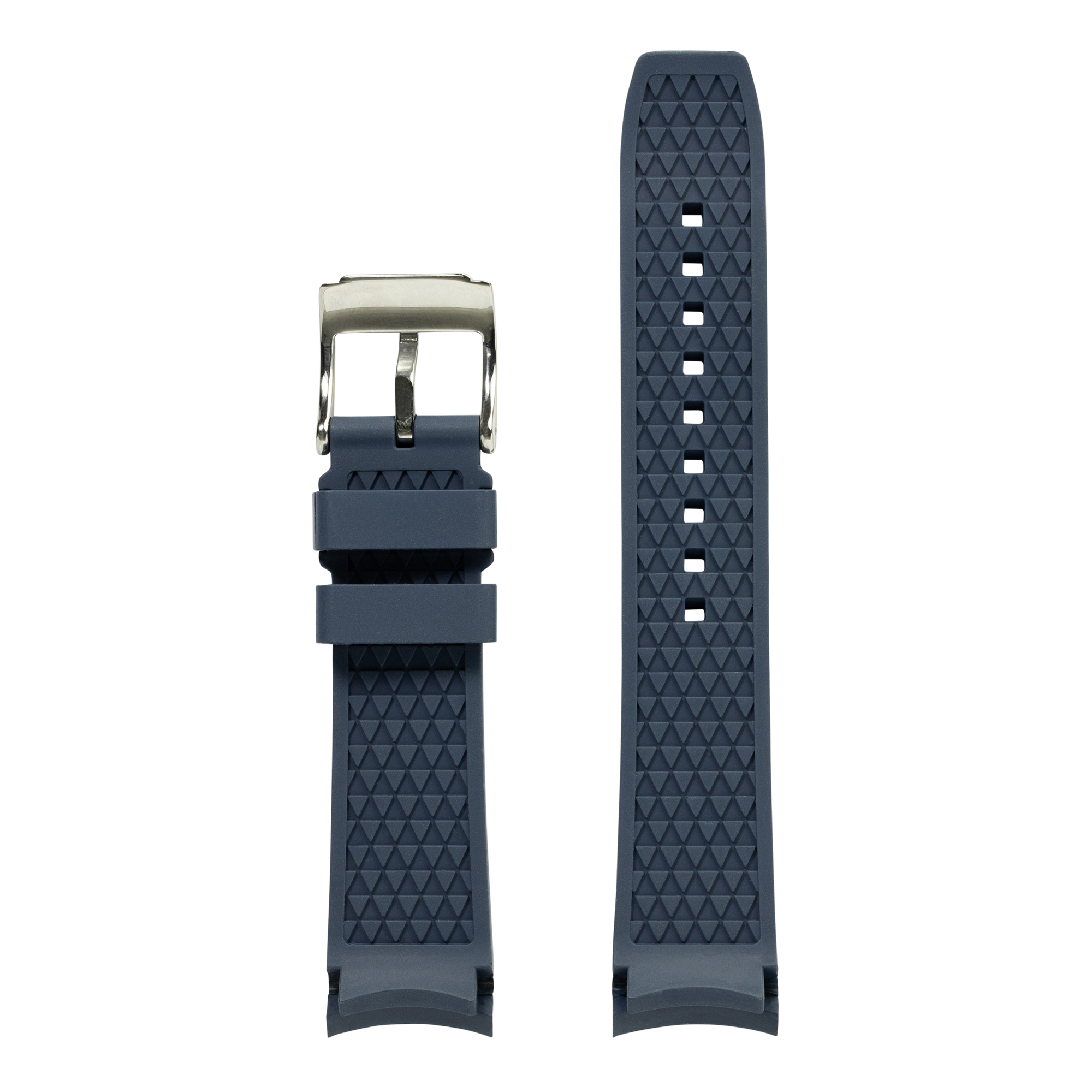Curved King FKM rubber watch band with triangular texture pattern and silver buckle clasp