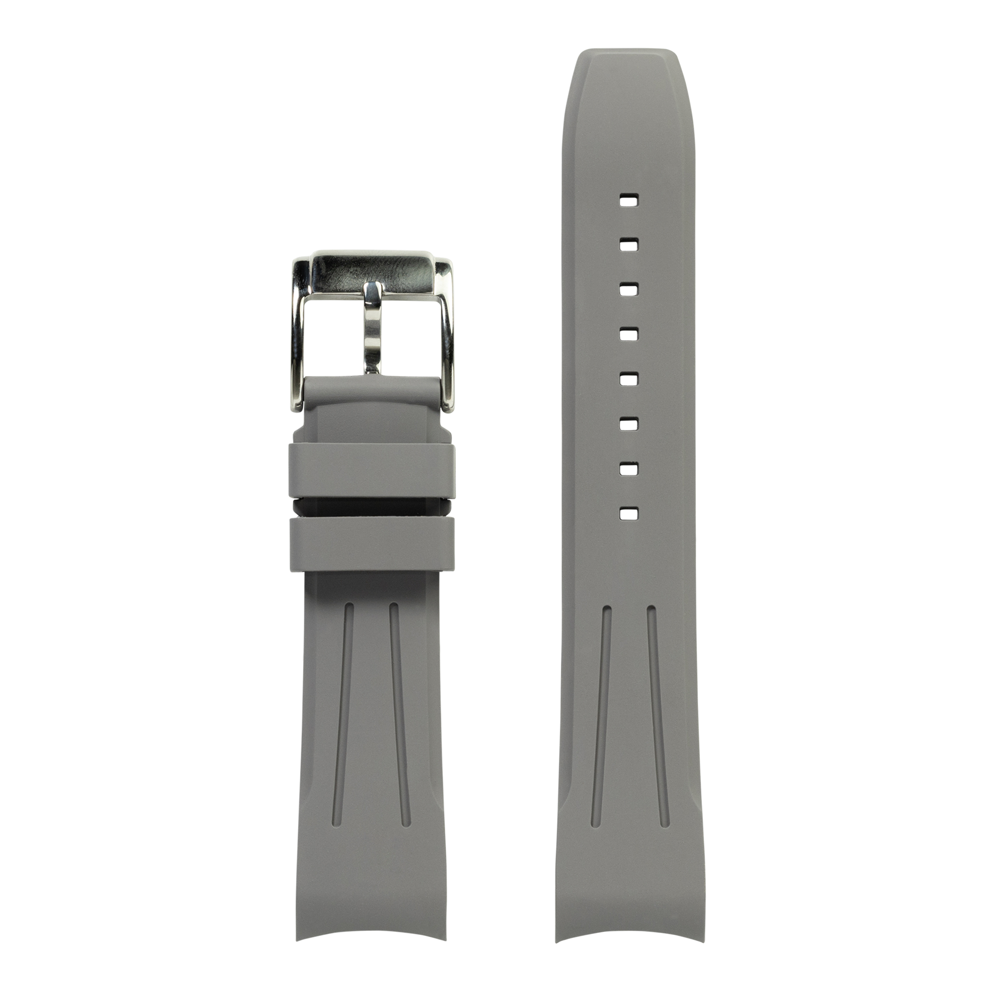 Gray curved rubber watch band with stainless steel buckle and adjustment holes for smartwatch straps