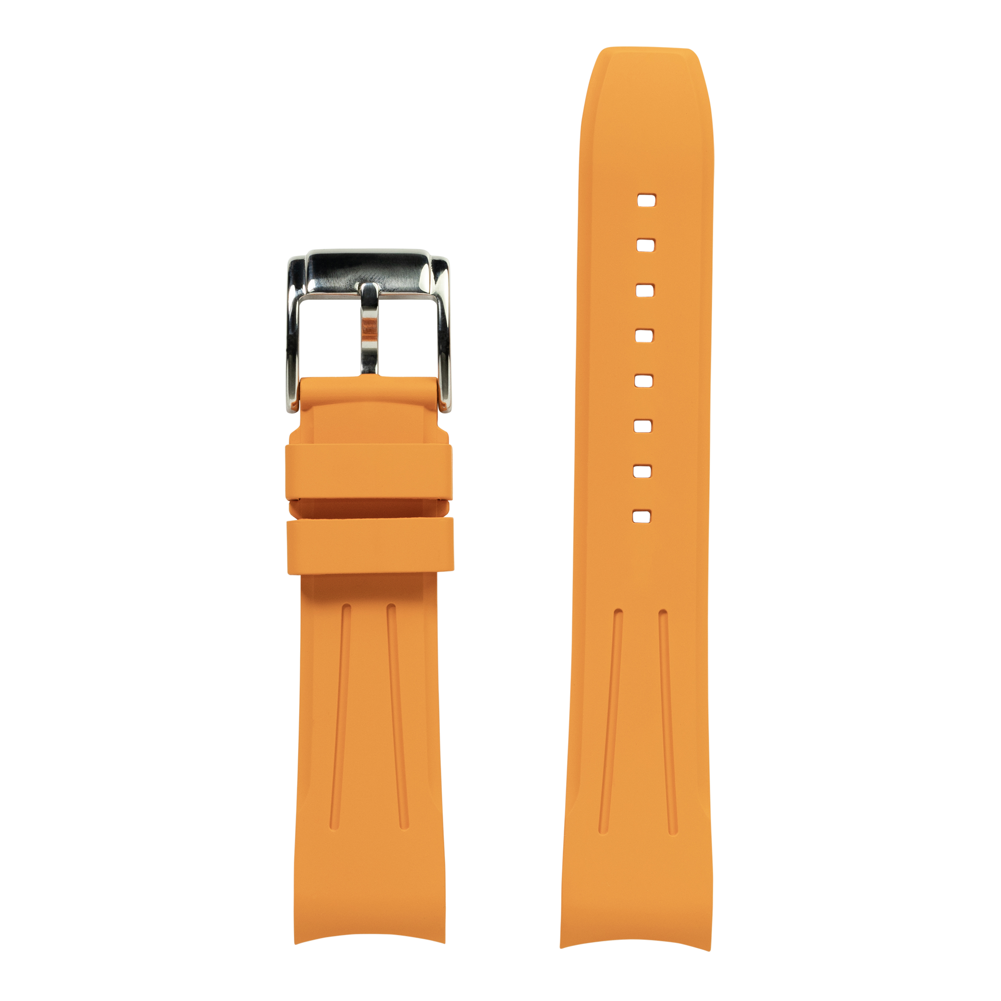 Orange curved FKM rubber watch strap with silver buckle and adjustment holes