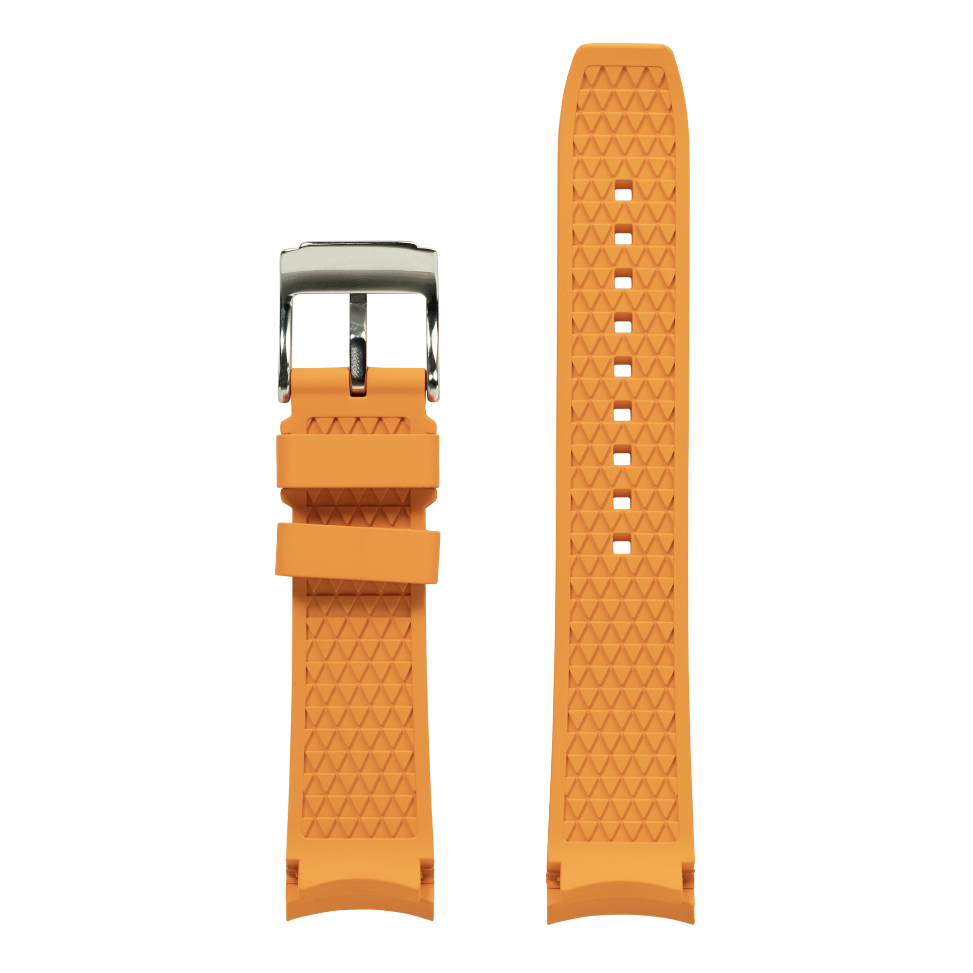 Orange curved FKM rubber watch band with silver buckle and textured surface pattern