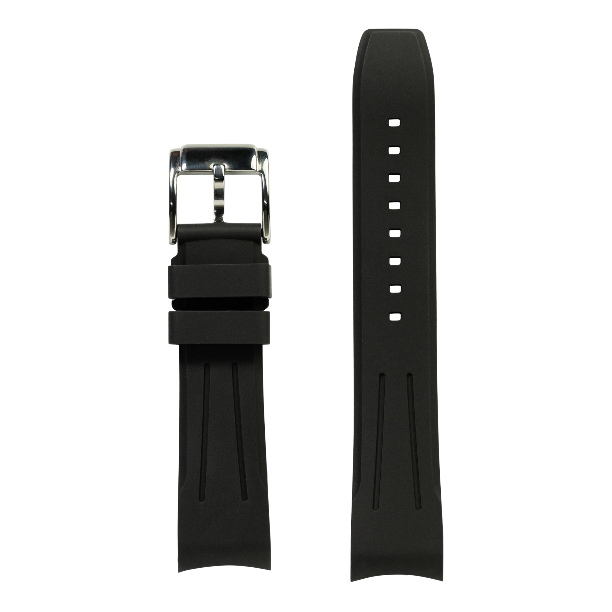 Black curved FKM rubber watch strap with silver buckle and adjustment holes