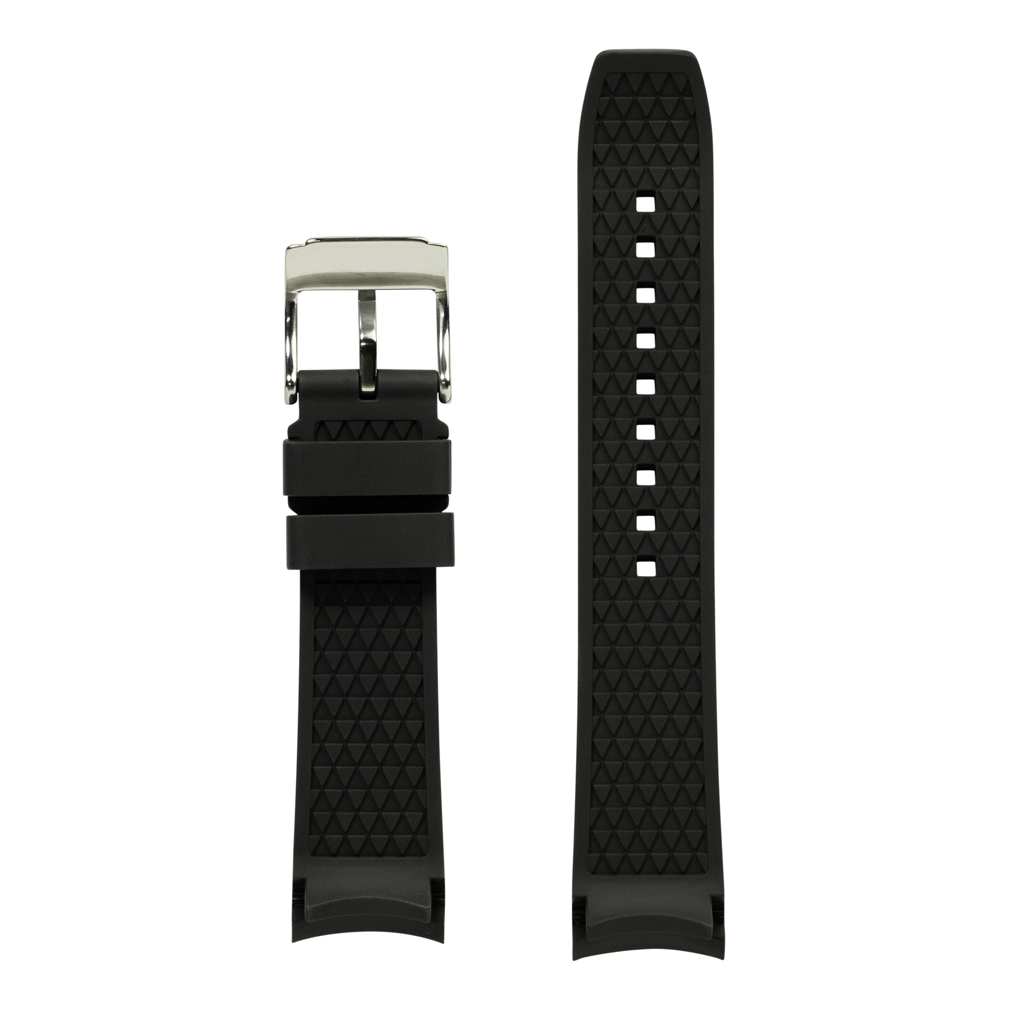 Black curved FKM rubber watch strap with quilted diamond texture, stainless steel buckle and white square hour markers