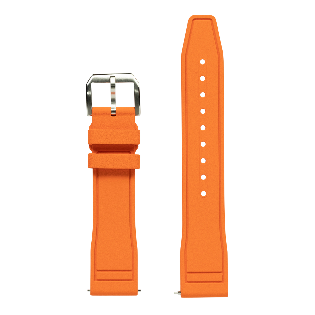 Orange FKM rubber watch band with stainless steel buckle and white perforations, front and back views