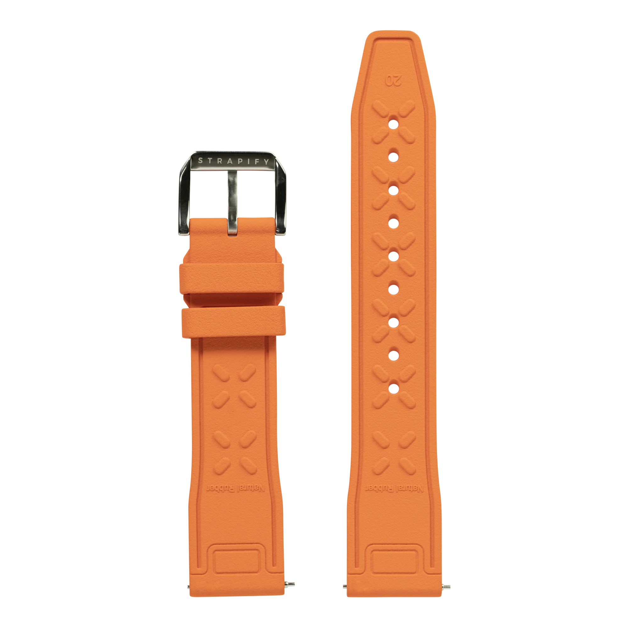 Orange FKM rubber quick release watch strap with white stitching and gunmetal buckle by Strapify