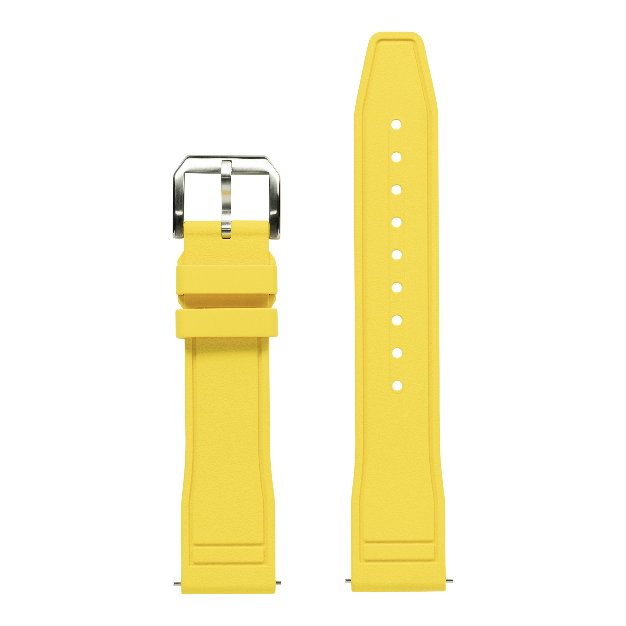 Yellow quick release FKM rubber watch strap with stainless steel buckle and adjustment holes