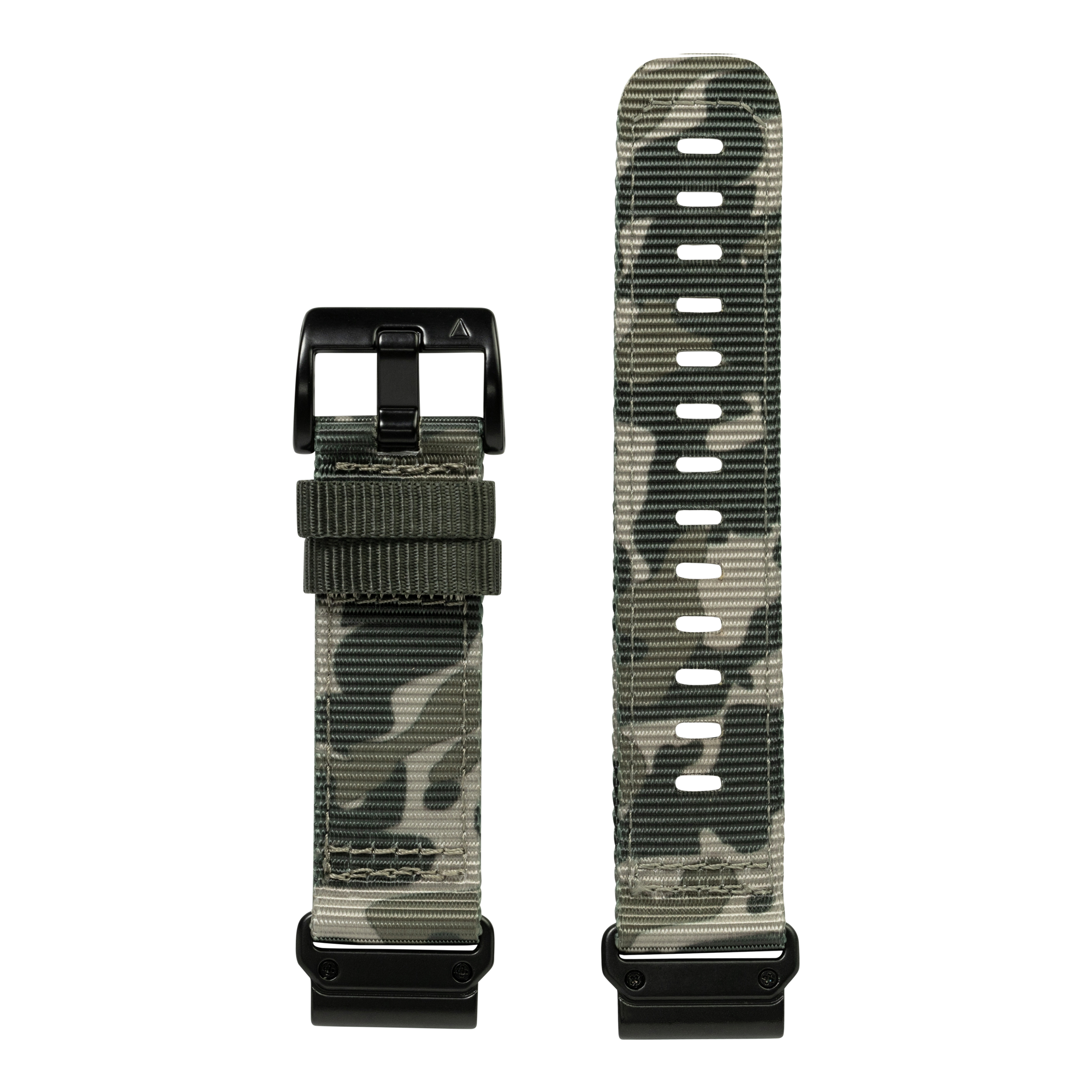 Army green camouflage QuickFit watch strap with black hardware and ventilation holes for smartwatch