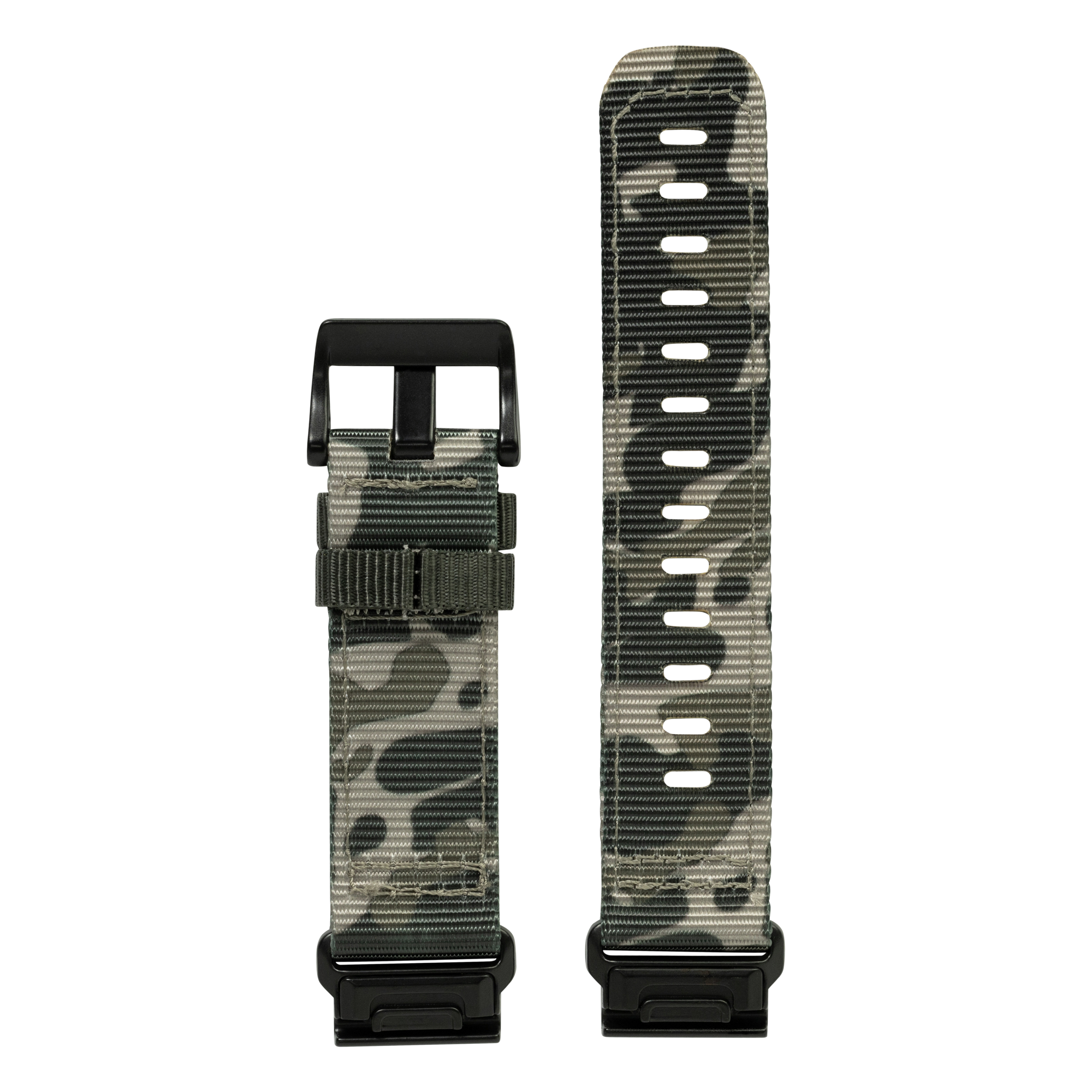 Olive camouflage QuickFit watch band with black buckle and adjustment holes, displayed extended view