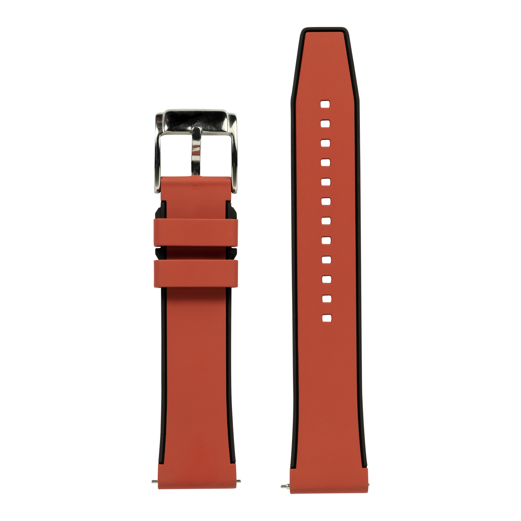 Red and black two-tone FKM rubber quick release watch strap with stainless steel buckle and adjustment holes