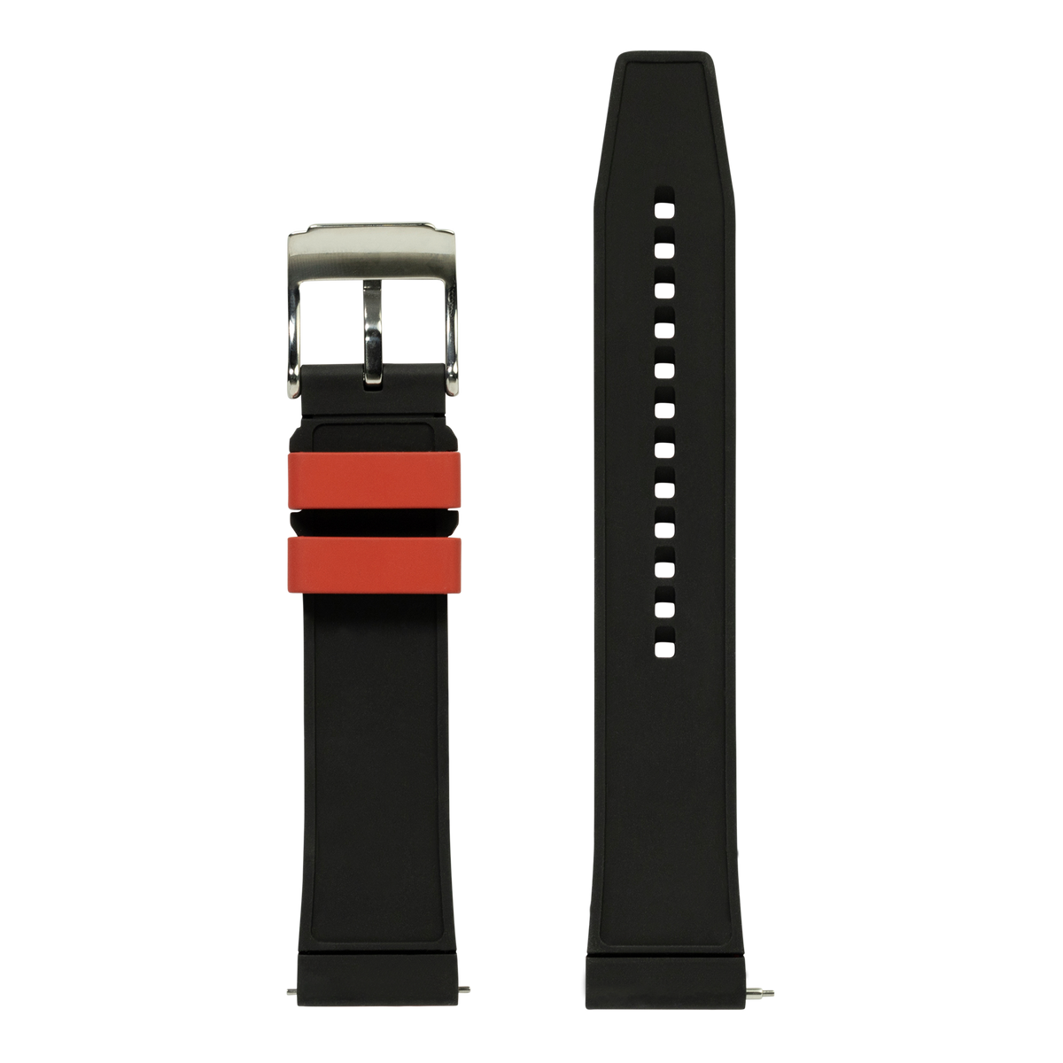 Black and coral FKM rubber watch band with stainless steel buckle and white dot markers