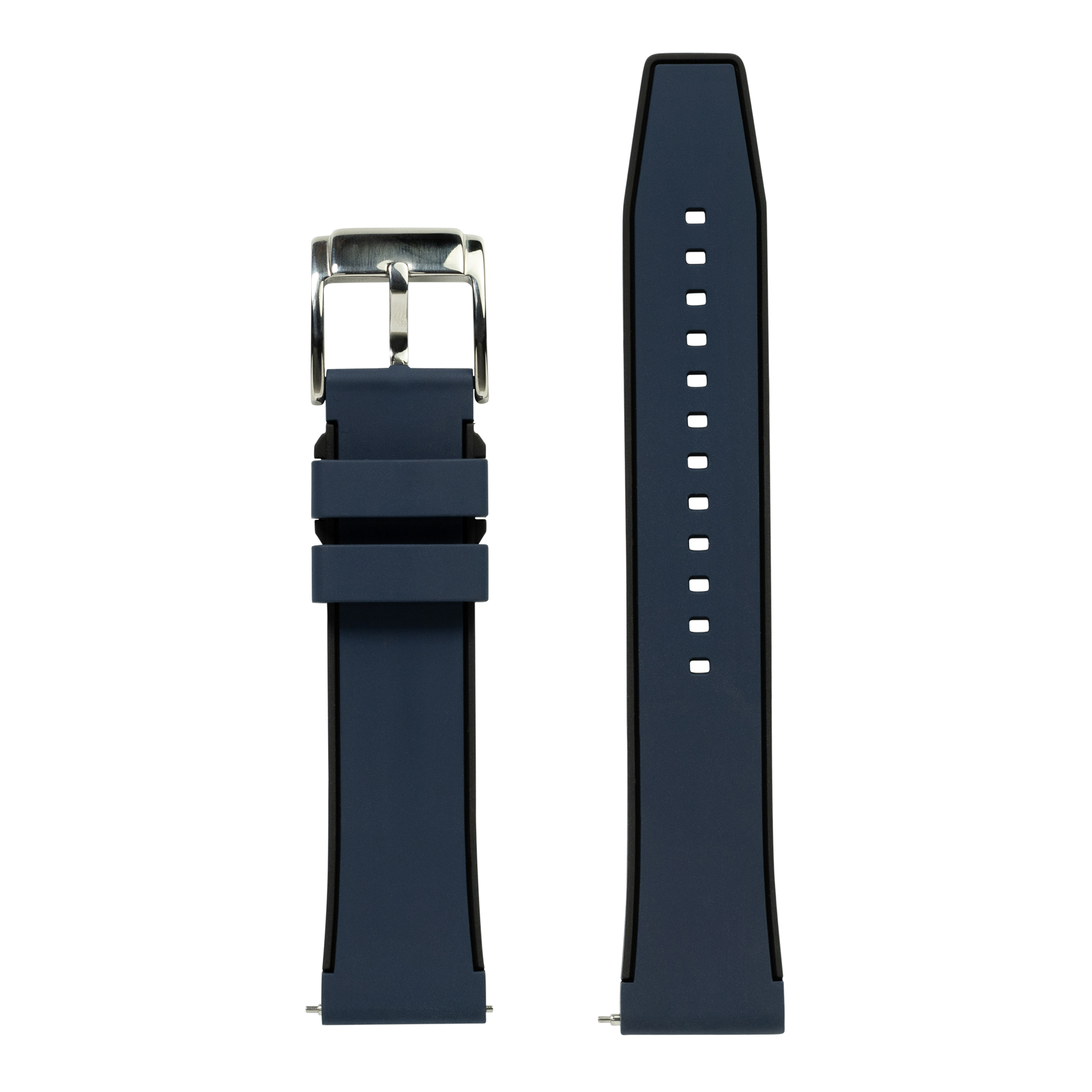 Navy blue quick release FKM rubber watch strap with stainless steel buckle, shown assembled and unattached