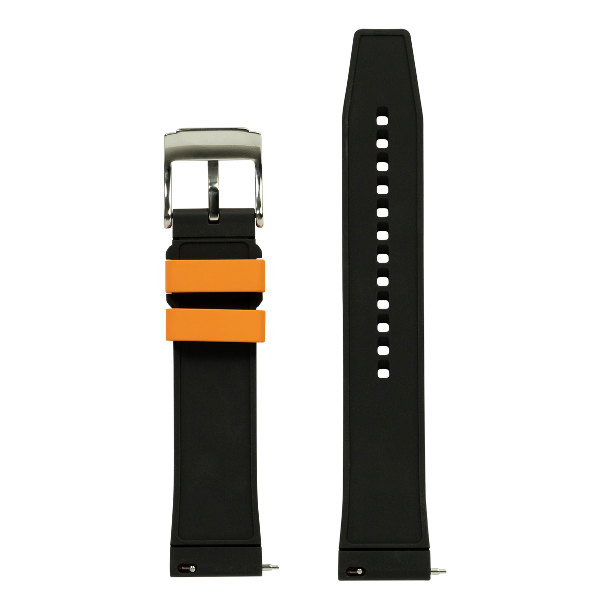 Black and orange FKM rubber watch band with stainless steel buckle, shown front and back views