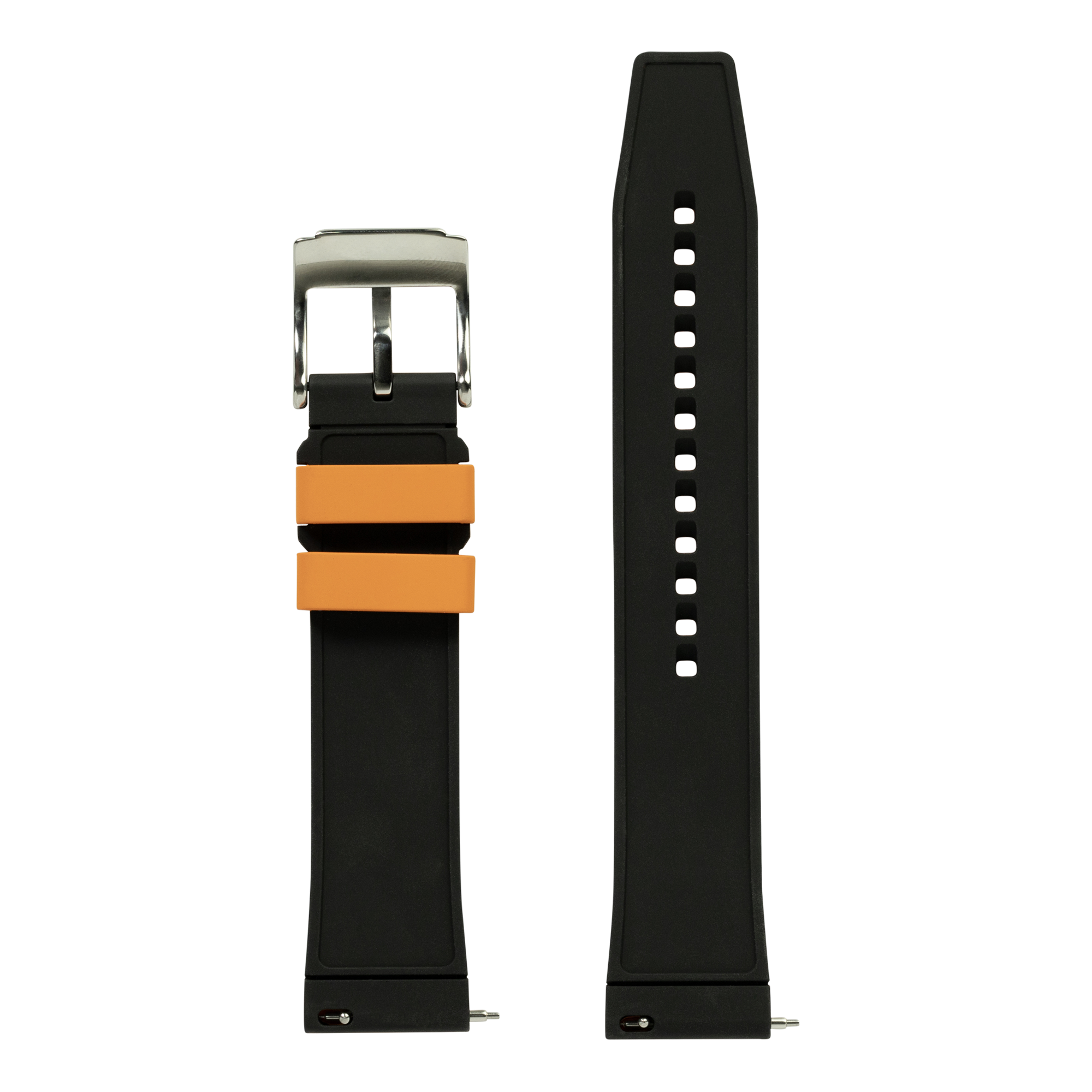 Quick release FKM rubber watch band black with orange stripe and silver buckle fastener