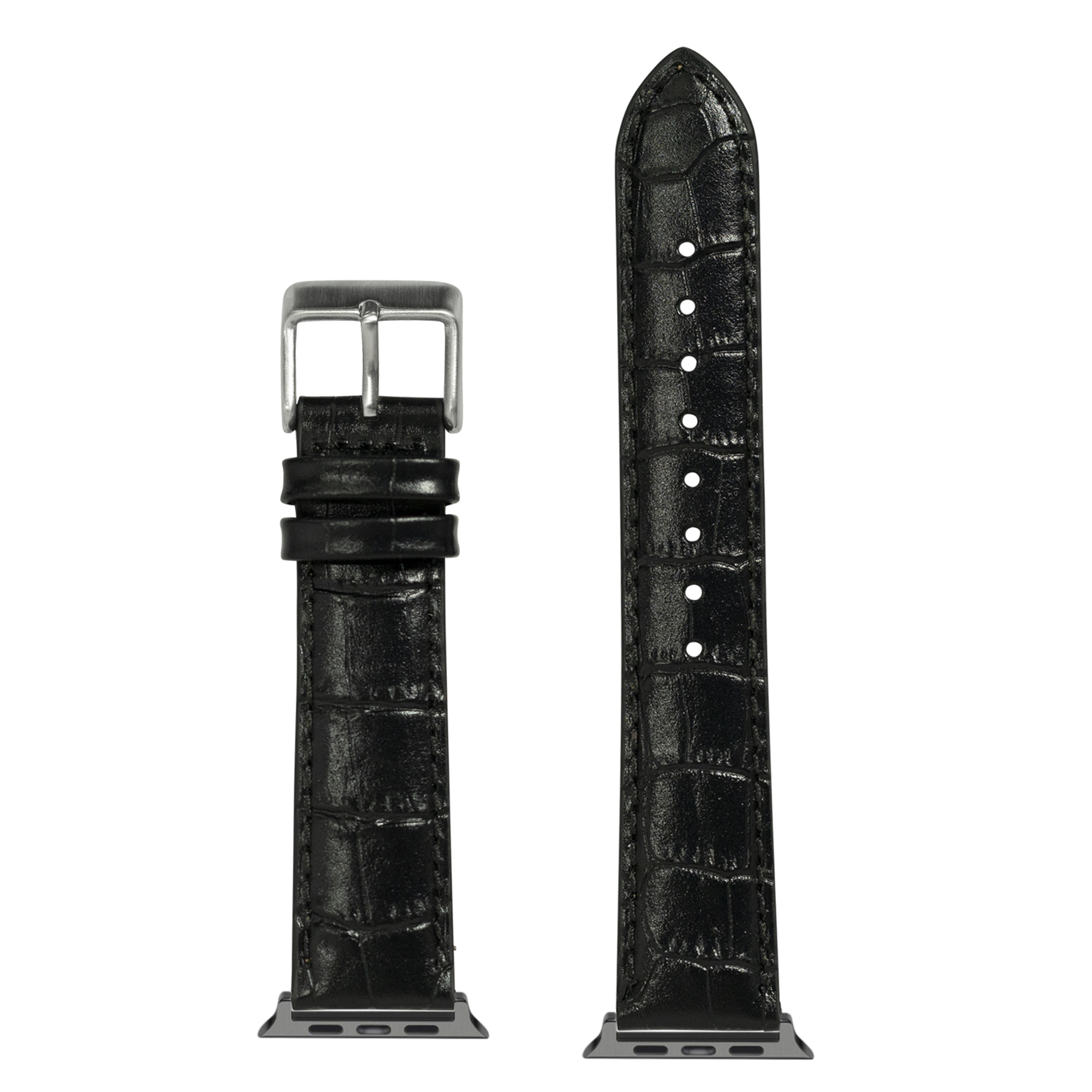 Black alligator leather Apple Watch band with silver buckle and interchangeable curved connector, shown open and closed views