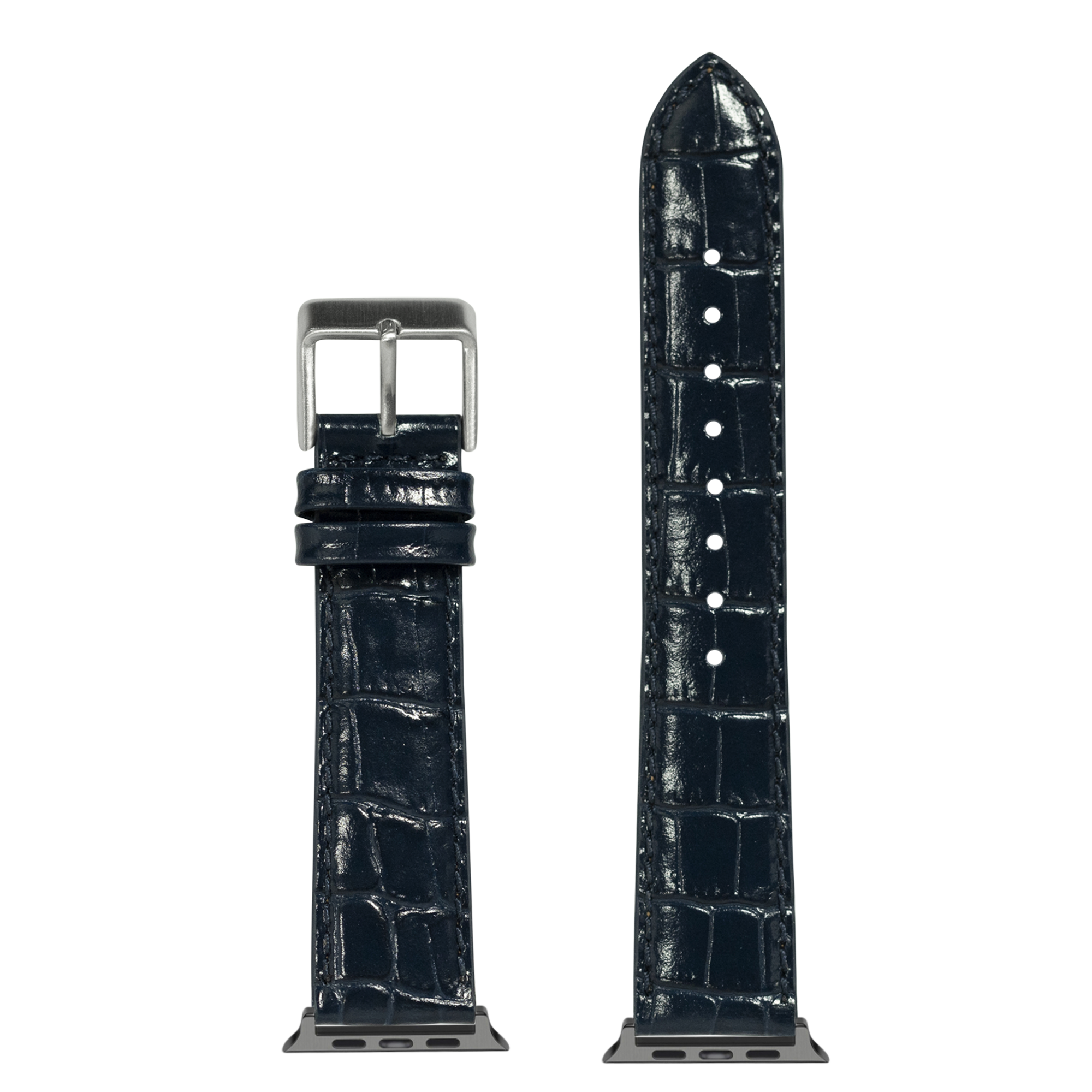 Navy blue alligator leather Apple Watch band with silver buckle and connector lugs shown assembled and unattached
