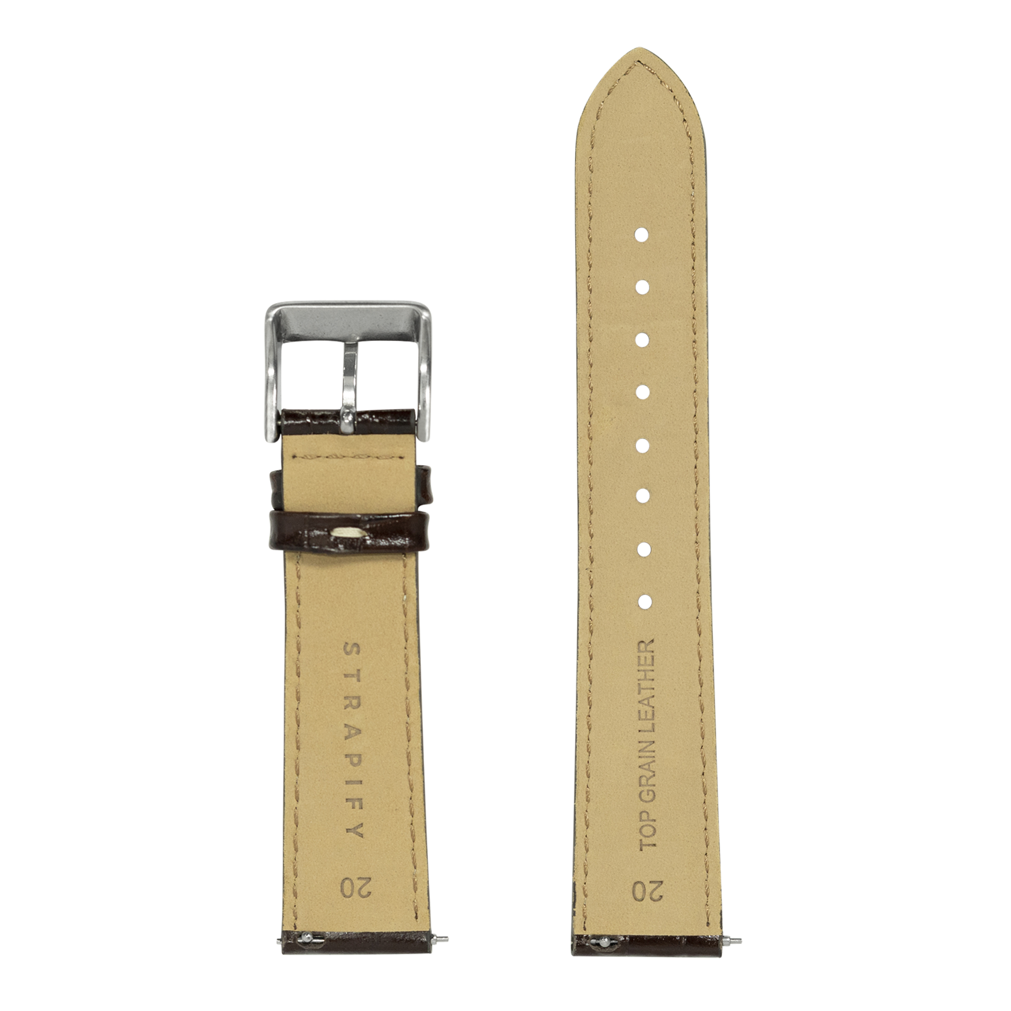 Dark brown alligator grain leather watch strap with white stitching, silver buckle and quick-fit system