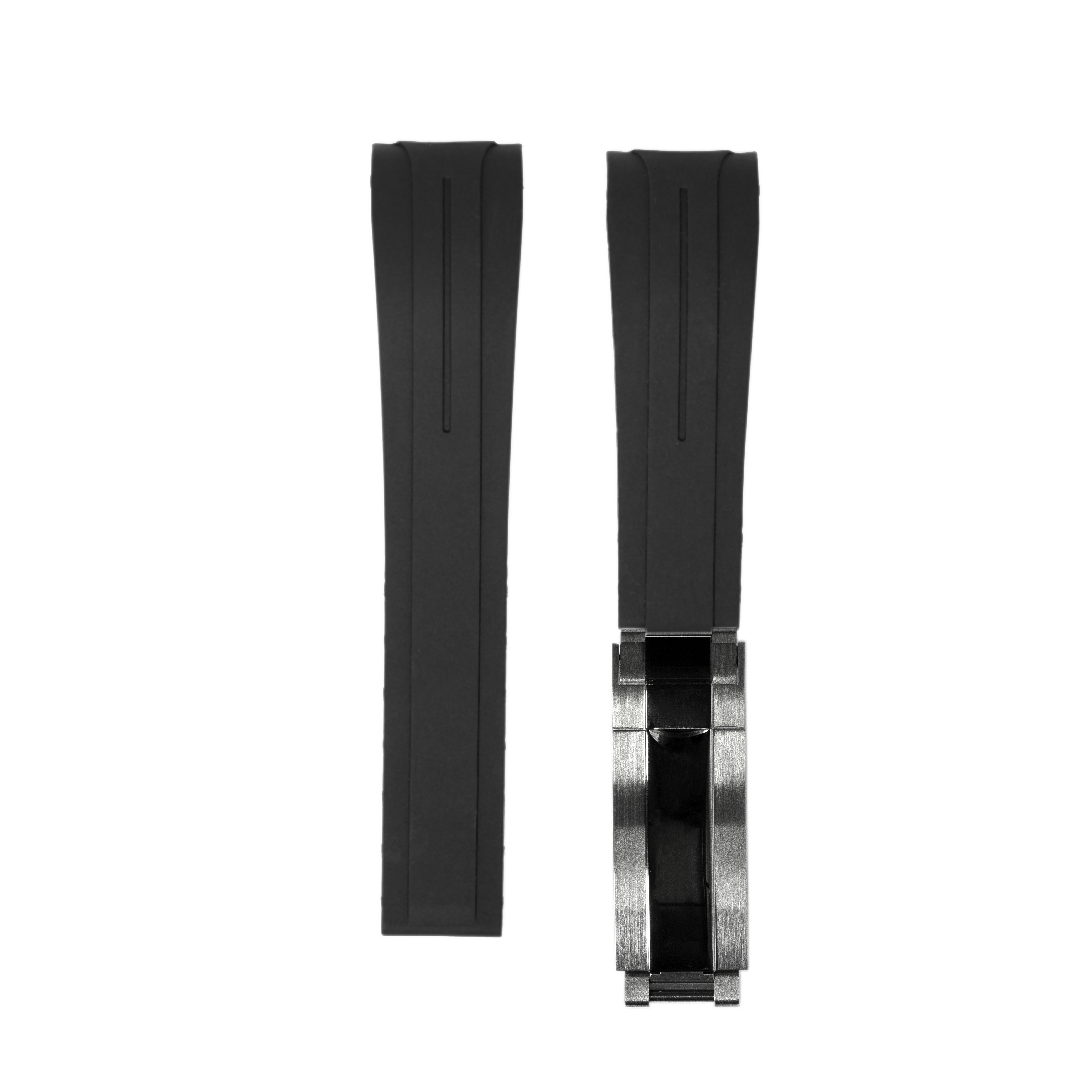 Black rubber watch strap with micro-adjustable stainless steel oyster clasp and curved design