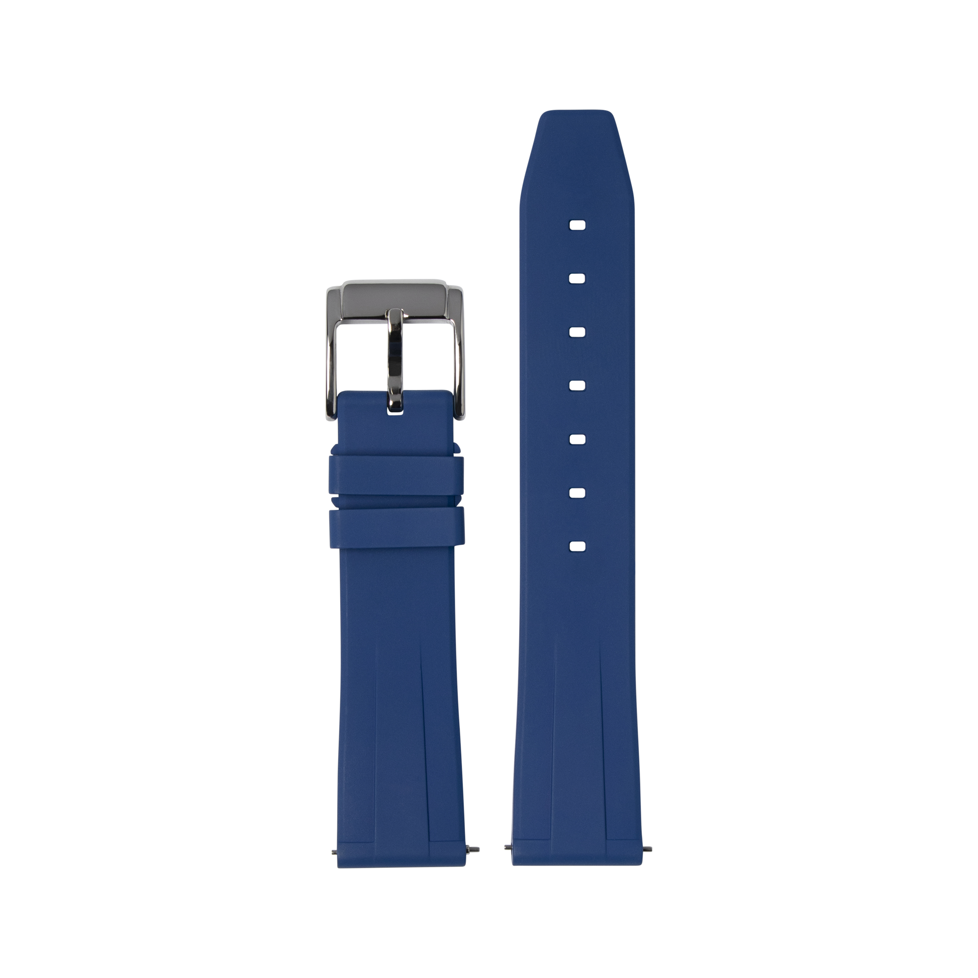 Navy blue rubber watch strap with quick release pins, gunmetal buckle, and adjustable holes for secure fit