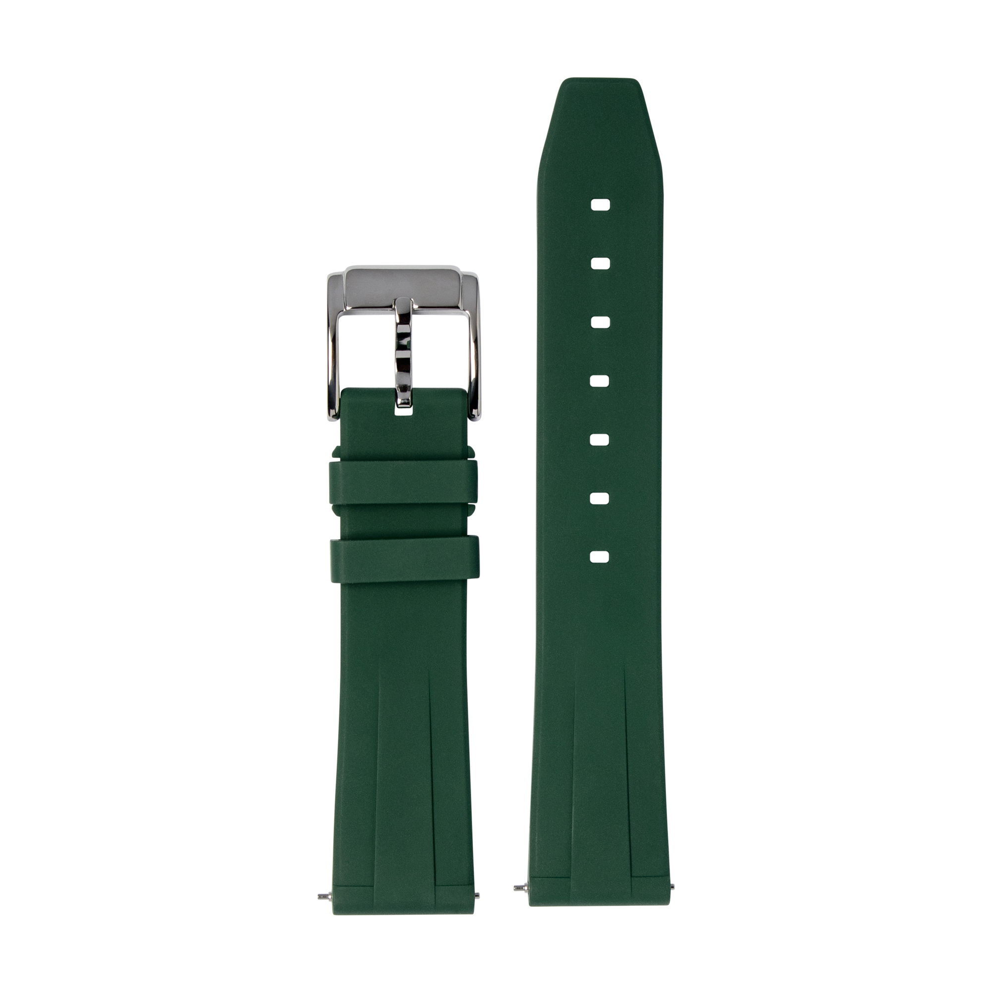 Green rubber watch strap with quick release pins and stainless steel buckle, flat lay display